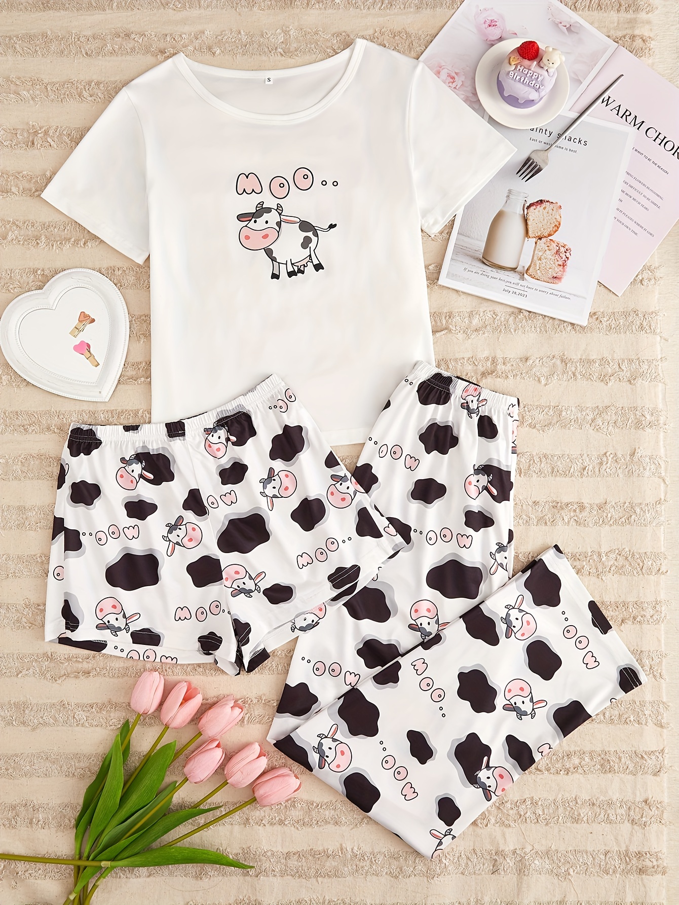 Casual & Comfy Loose Pajamas Set, Cute Cow Print Short Sleeve Tee Top & Cow  Spots Pants, Women's Sleepwear & Loungewear