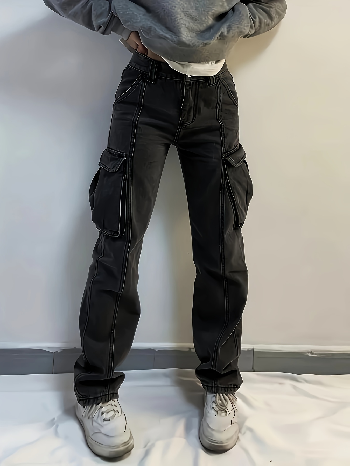 Contrast Stitches Side Patch Pocket Black Cargo Pants Solid - Temu
