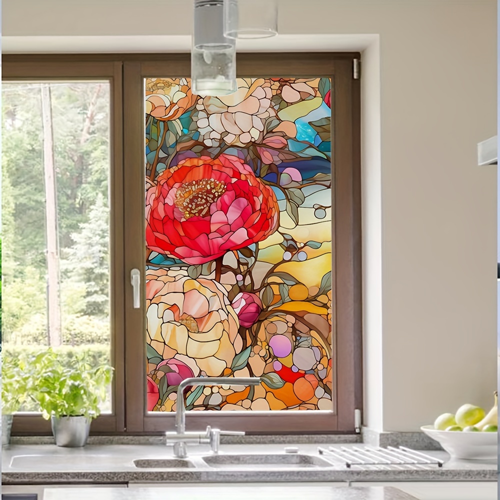 Película decorativa para ventana con privacidad 3D, sin pegamento, pegatina  de cristal para ventana, diseño de flores y peonías de jardín y rosa