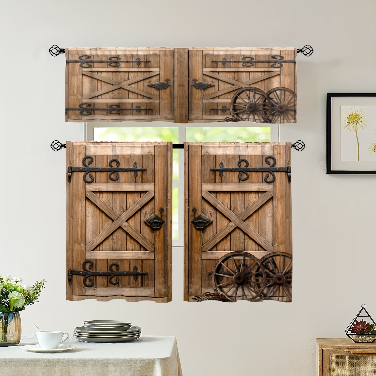 

1pc Valance/2pcs Cafe Curtains Tiers Vintage Rustic Wooden Door Curtains, Rod Pocket Retro Barn Door Printed Light Filtering Curtains For Kitchen Living Room Office Bedroom Home Decoration
