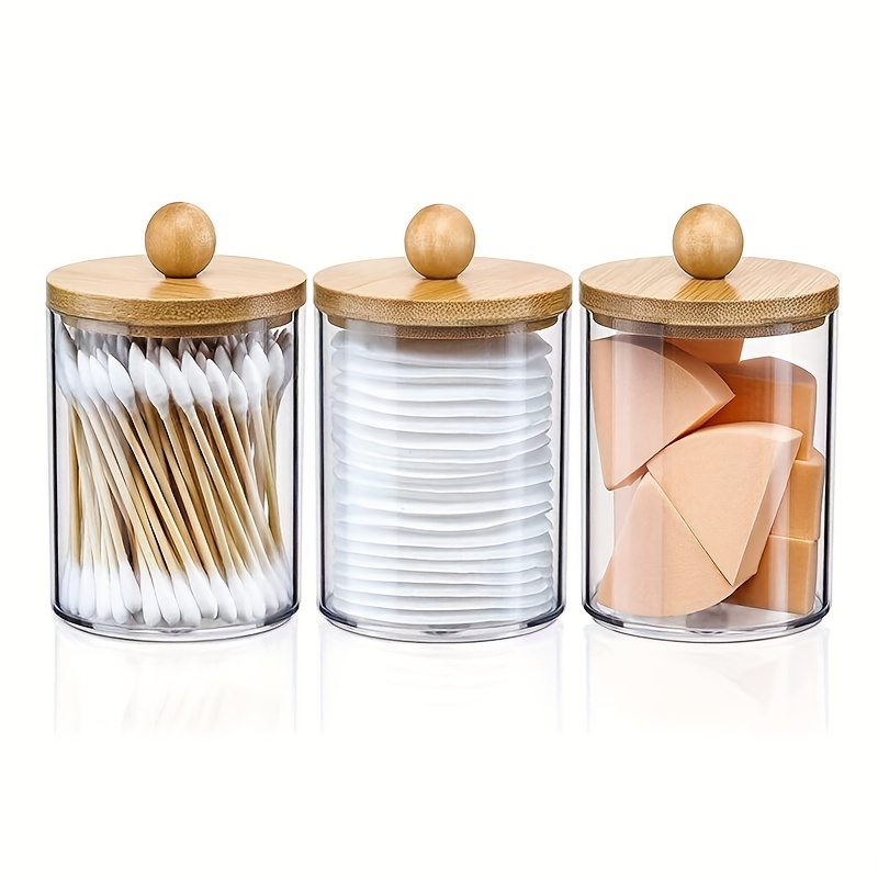 

1/2/3/4pcs Cosmetic Organizer For Holder Dispenser Cotton Balls Cotton Swabs Clear Plastic Storage Box Makeup Organizer With Bamboo Lid Cotton Swab Holder Container Dispenser
