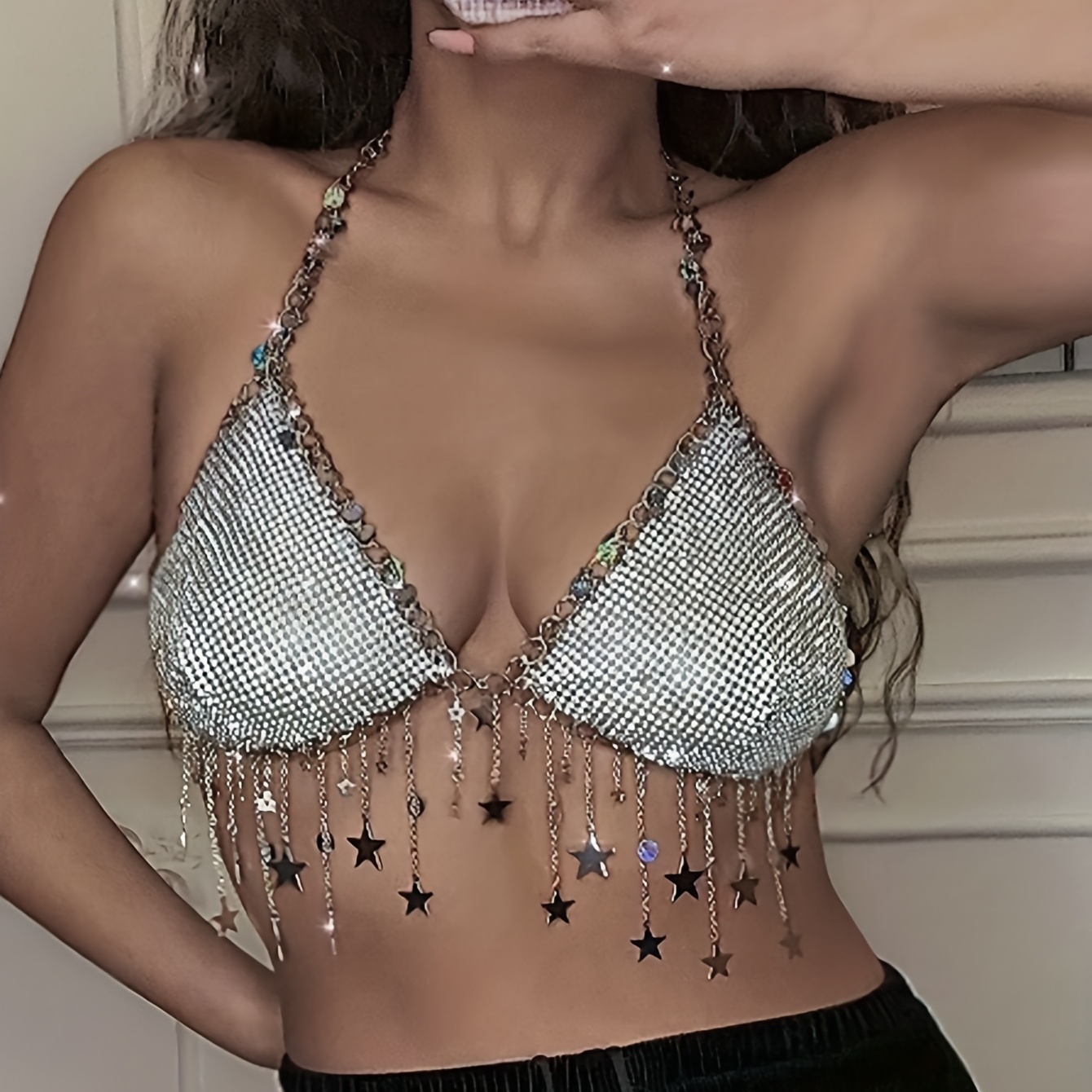 Sparkly Rhinestone Body Chain Bra Silver Women Crystal Backless Tassel  Chest Chains Bikini Halter Mesh Tops
