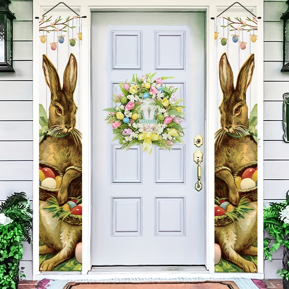 

2pcs, Welcome Easter Porch Home Decorations, Polyester Bunny Pattern Happy Spring Easter Party Banner Fence Garden Outdoor Indoor Hanging Decoration