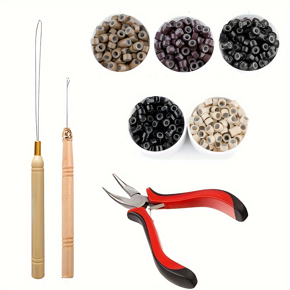 Hair Extension Tools Kit – Plier - Pulling Hook - Bead Device Tool Kits  with 200 Pieces 5mm Silicone Lined Micro Rings (200Pcs, Dark Brown Beads)