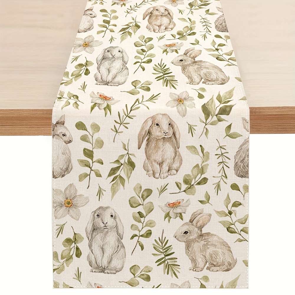 

1pc Easter Bunny Table Runner, Funny Bunny With Flowers Leaves Spring Table Runner For Home Kitchen Dining Room Holiday Party Coffee Table Decor