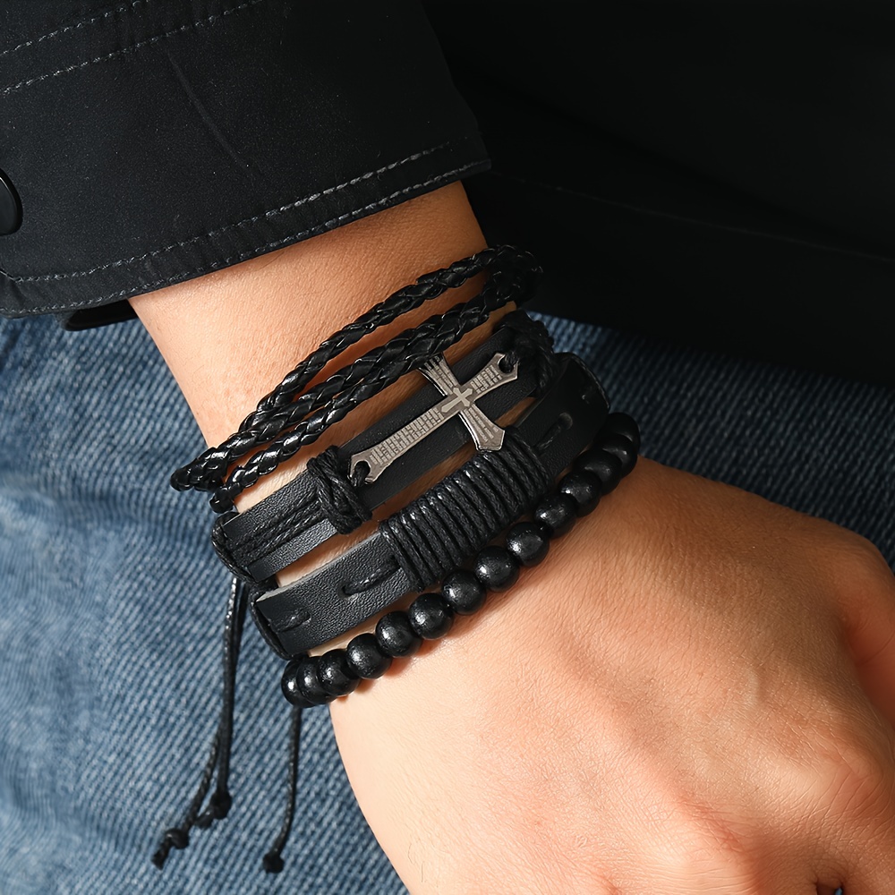 4pcs Men's Woven Pu Leather Cross Bracelets