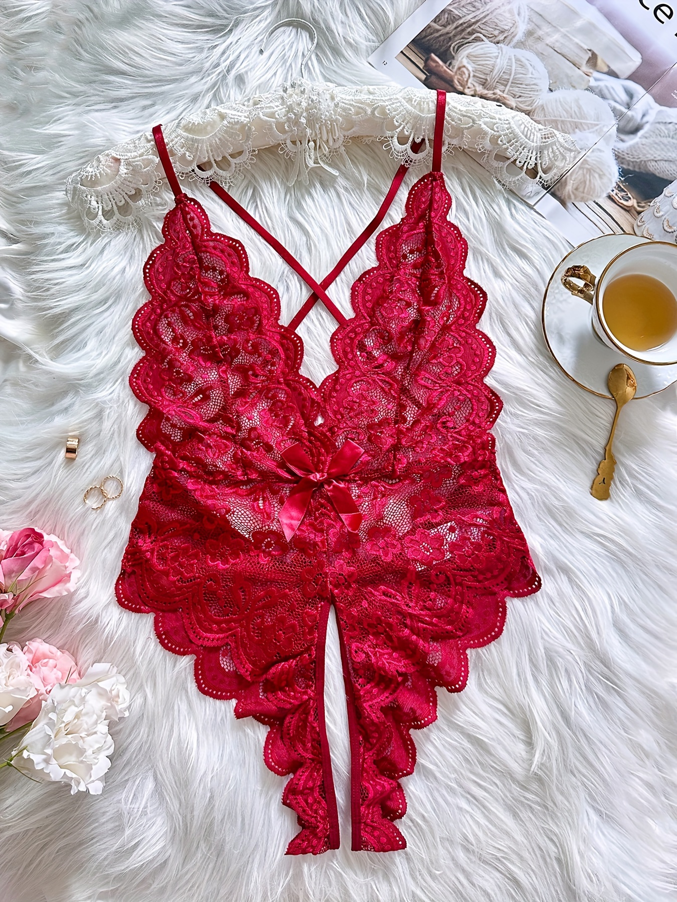 Floral Lace Shaping Bodysuit Sexy Scallop Trim V Neck - Temu Canada