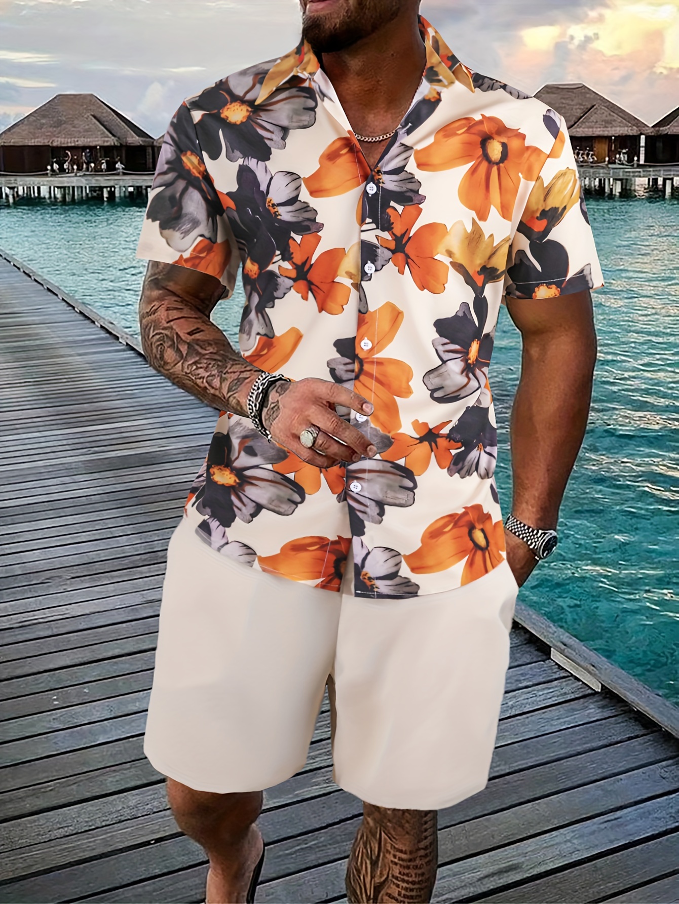 Men's Outfit Set Leaf Pattern Hawaiian Shirt Drawstring - Temu