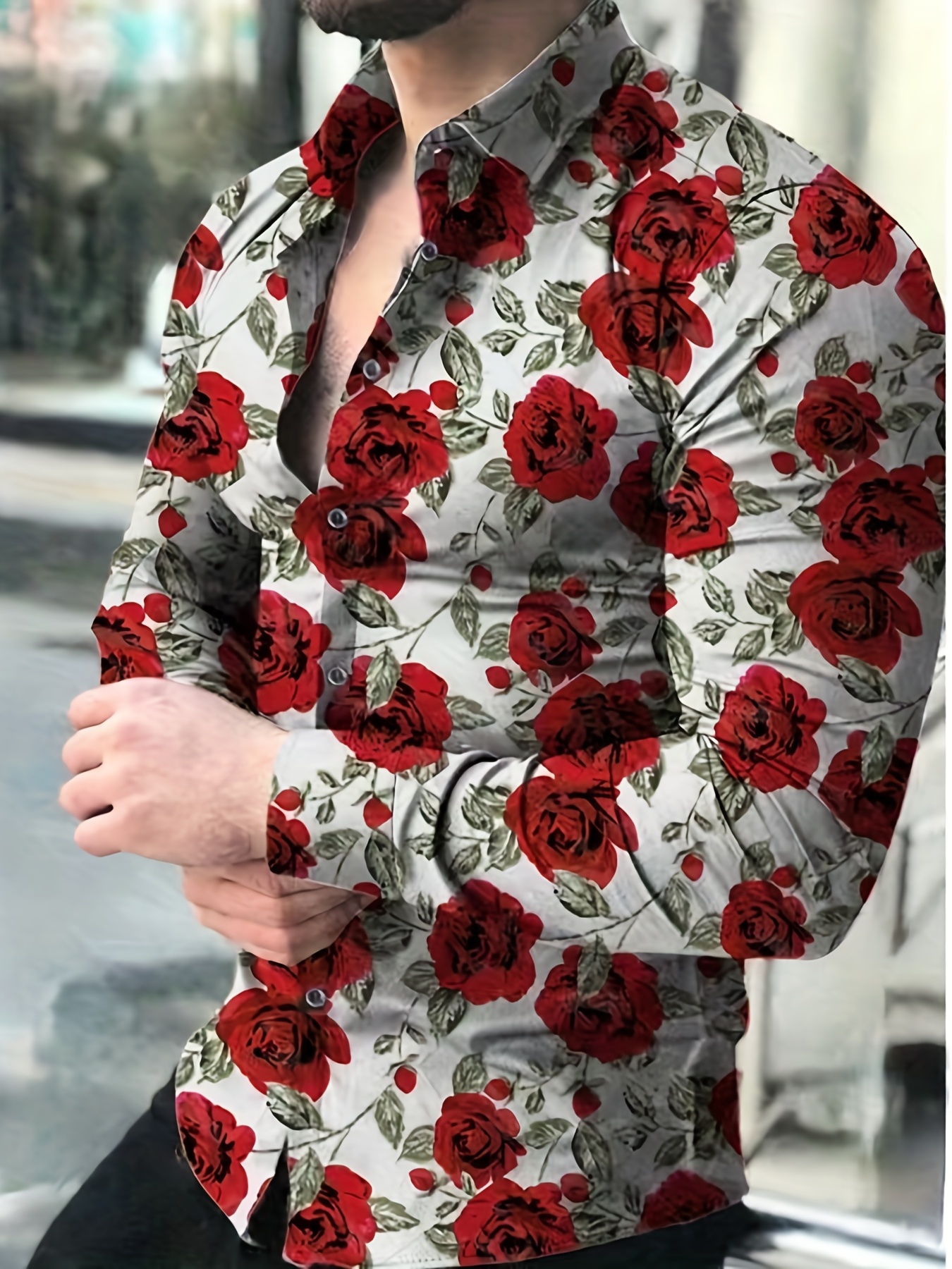 Plus Size Men's Casual Fashion 3D Roses Graphic Print Shirt, Oversized Trendy Long Sleeve Shirt Tops For Big & Tall Males, Men's Clothing, Plus Size