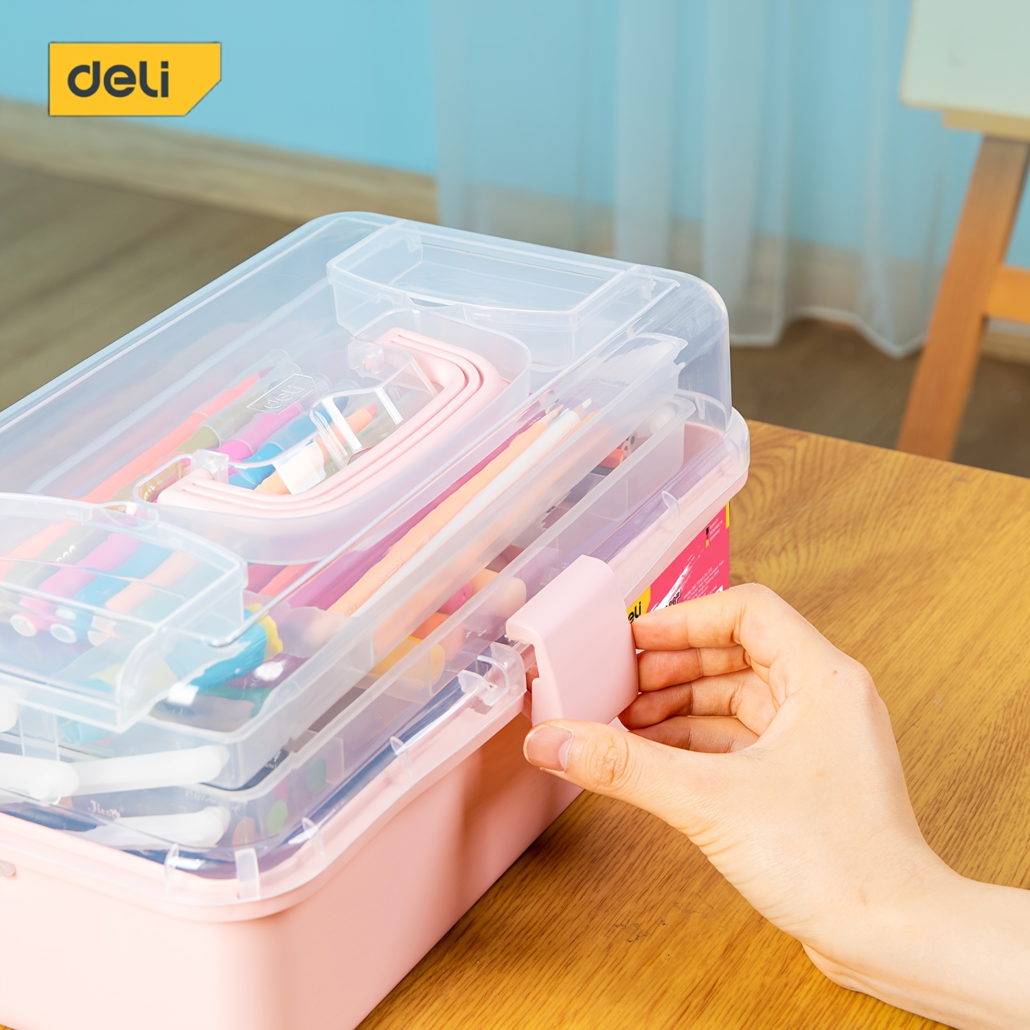 Deli Plastic Tool Box 13 Inches Pink Art Craft Organizer Storage Box With 3  Layers Multifunctional Plastic Tool Box With Handle For Sewing Makeup Medi