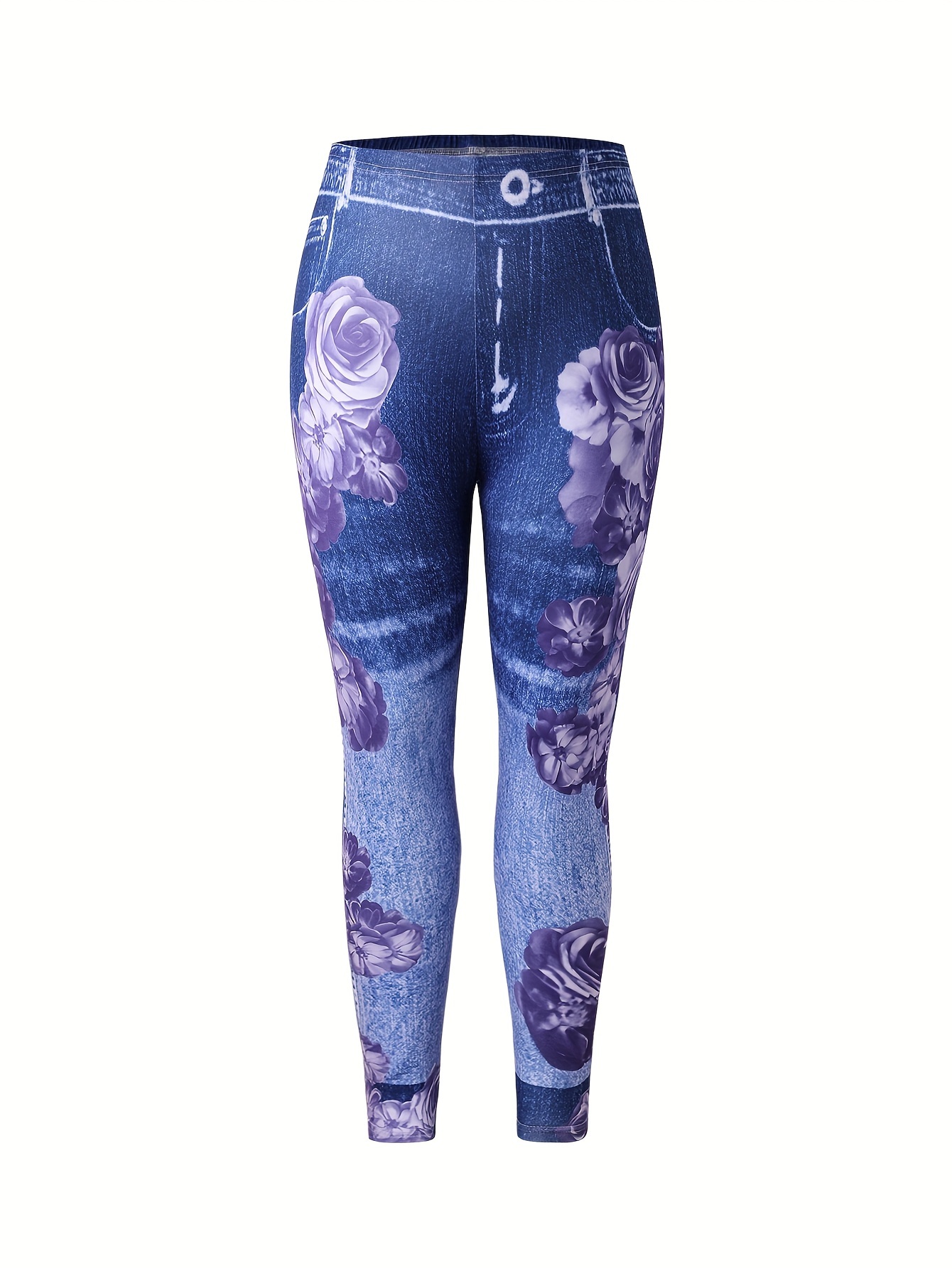 Plus Size Floral Denim Print High Rise Lggings Women's Plus - Temu