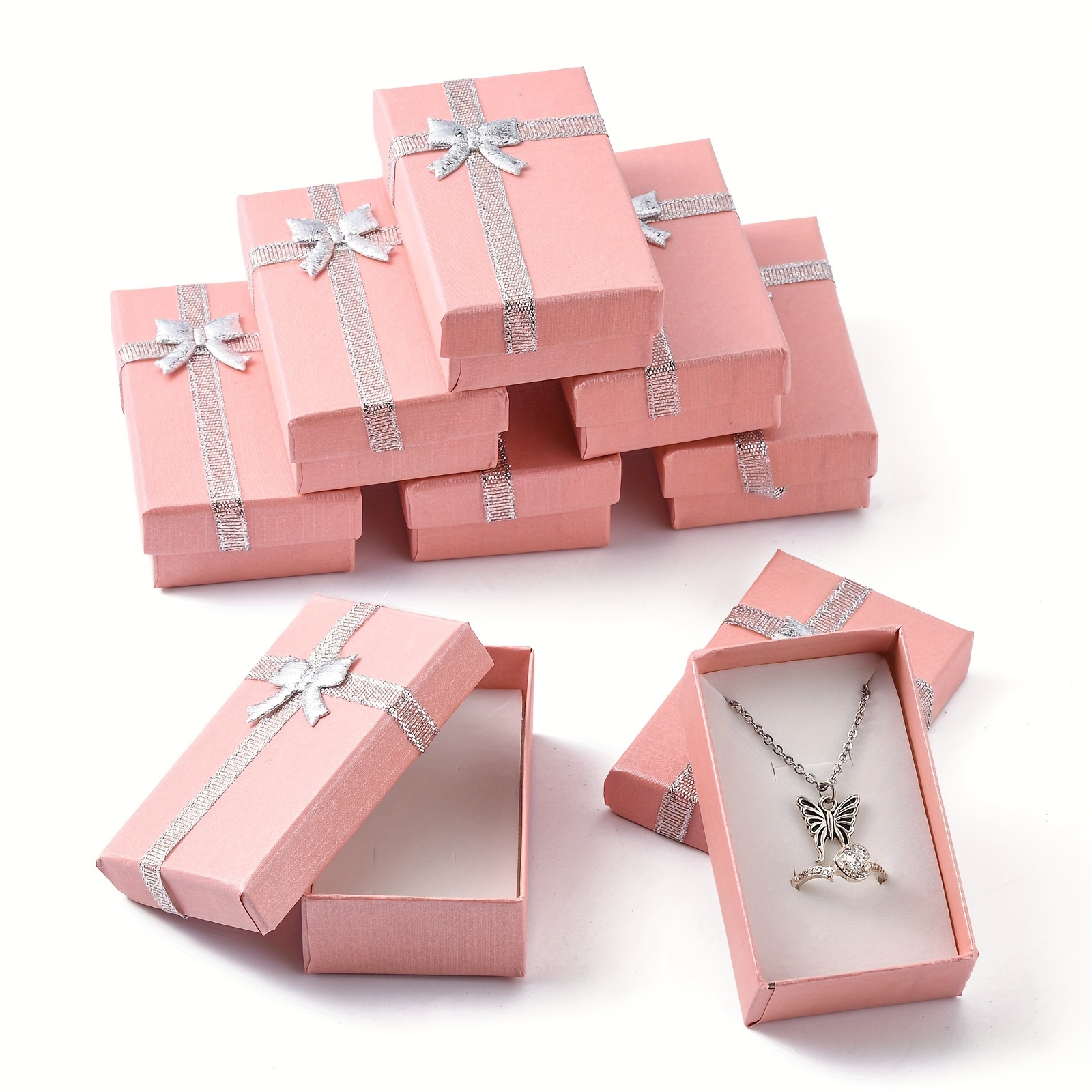 

24pcs Cardboard Jewelry Boxes With Lids & Bows For Valentine's Day Gifts Ring Necklace Bracelet Earrings Display, Elegant Retail Supplies 3.14x1.96x0.98 Inches