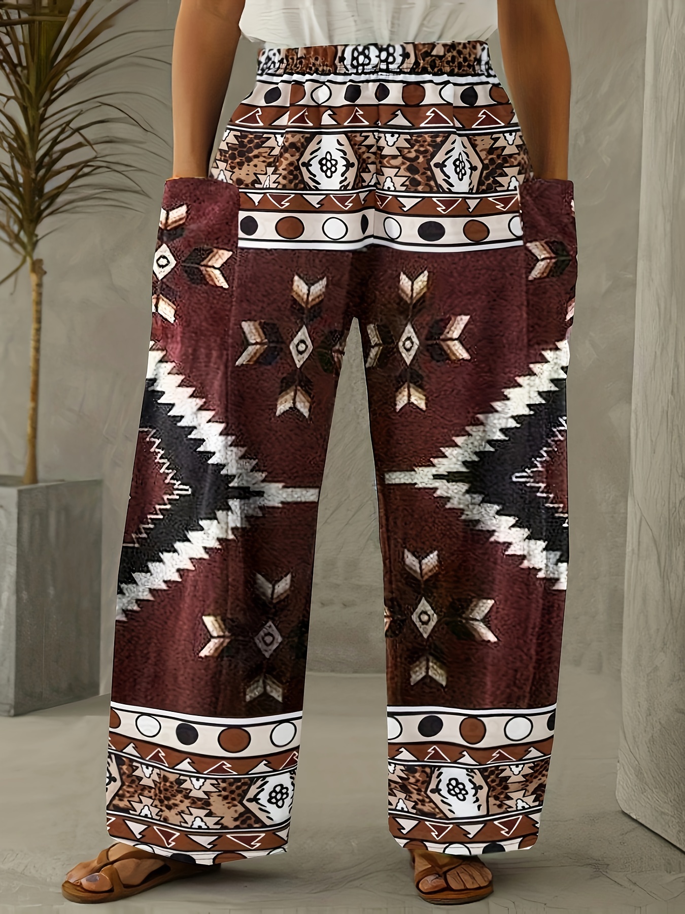 Colorblock Geometric Print Flare Leg Pants, Boho High Waist Pants For  All-season, Women's Clothing