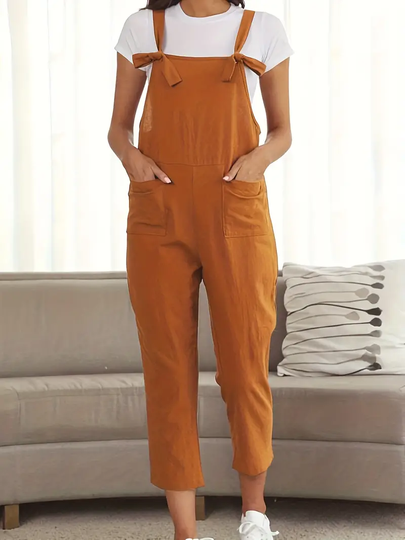 Plus Size Casual Overalls, Women's Plus Solid Knot Straight Leg Capri  Jumpsuit With Pockets
