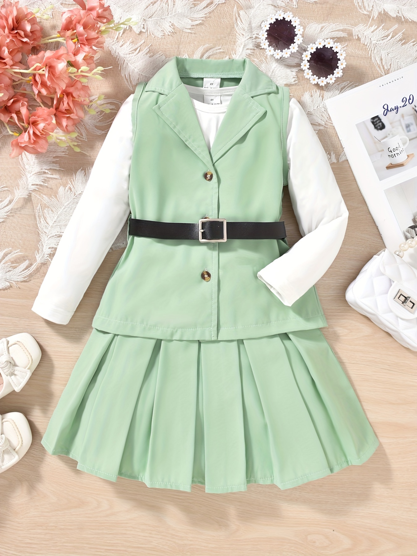 Girl's Preppy Style 3pcs Belted Vest Set