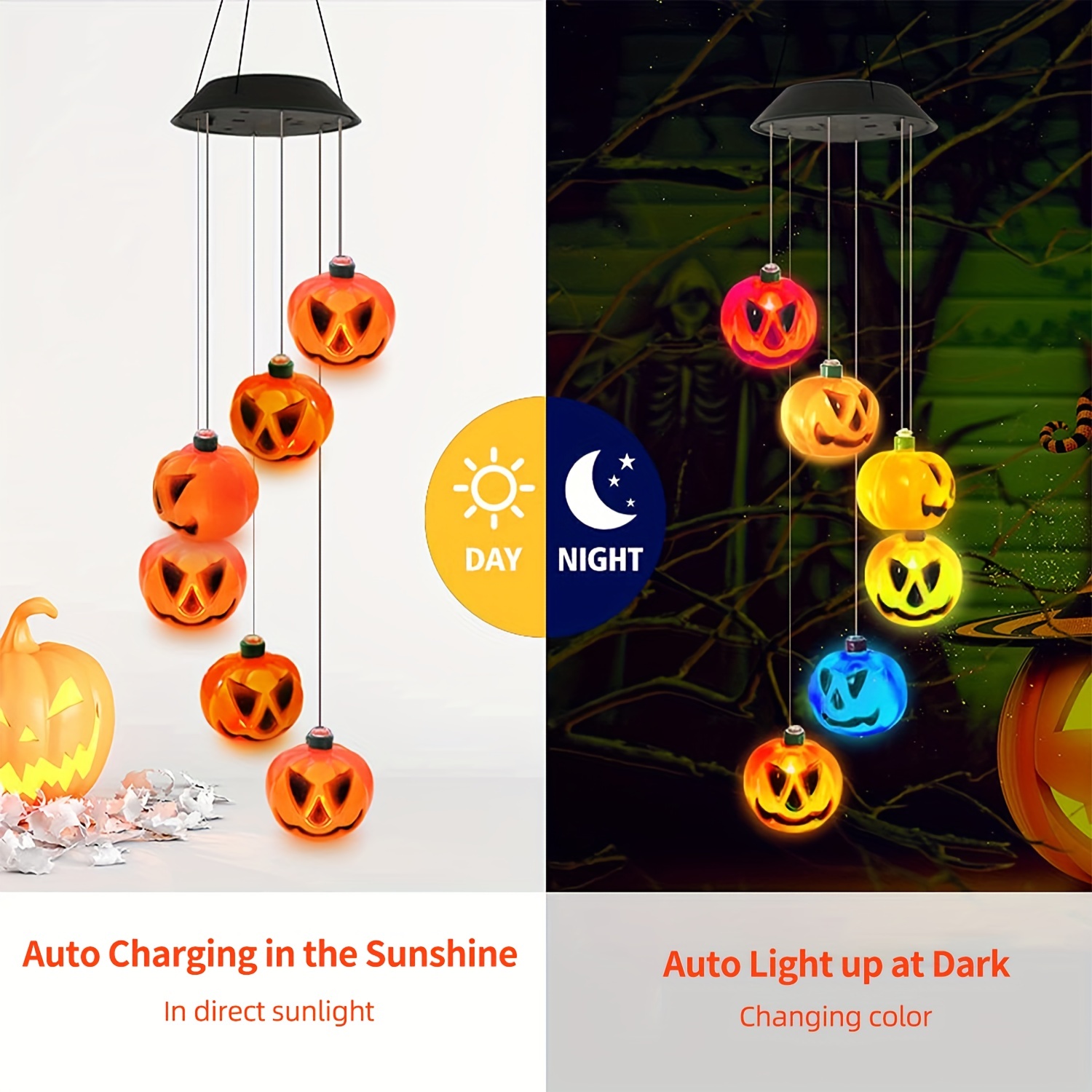 1pc halloween lights solar wind chimes color changing outdoor halloween decorations with 6 pumpkin lights waterproof thanksgiving fall decor for tree door window party yard decoration details 0