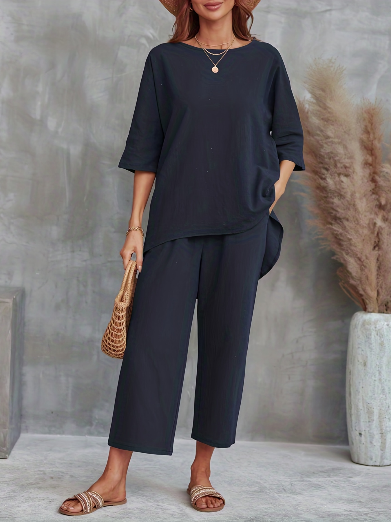 Casual 2pc Set Crew Neck Tee & Wide Leg Pants Women's Clothing