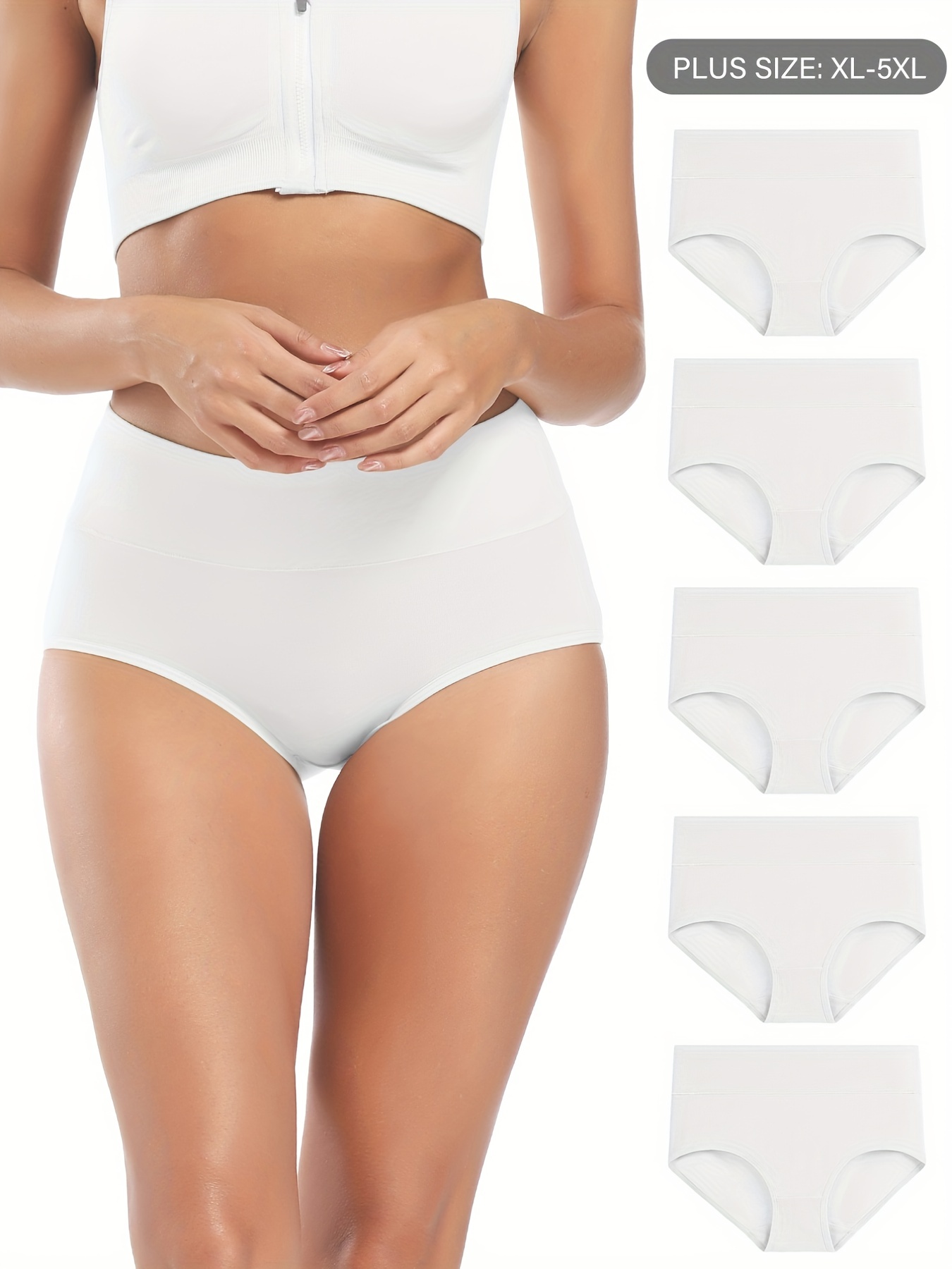 5 PACK Curve White & Bright Plain Cotton High Waisted Full Briefs