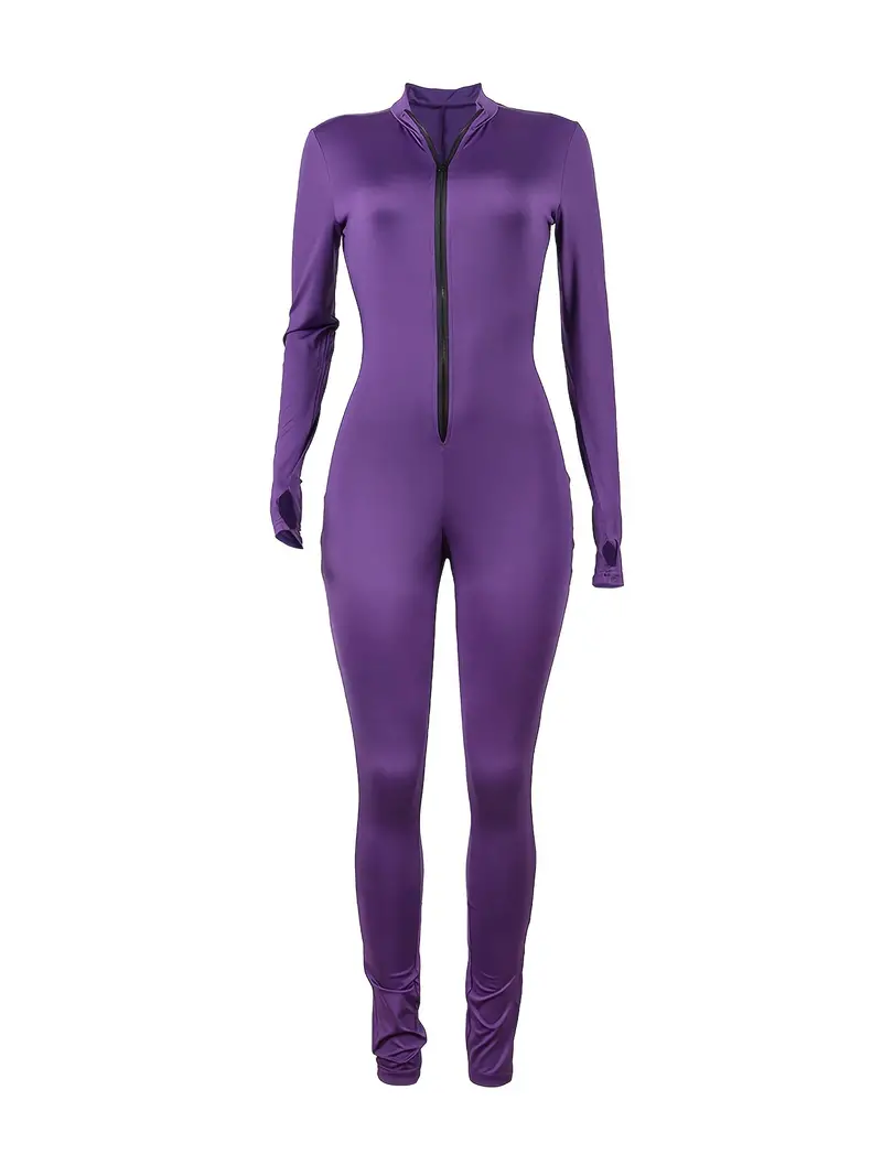 Buy Womens Sexy Long Sleeve Scoop Neck Zip Up Front Shapewear Bodysuit  Rompers, Purple, Large at