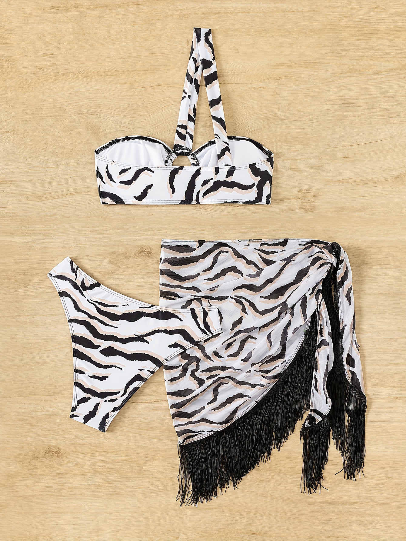 Zebra Print Ring One Shoulder Bikini Fringe Knot Side Cover - Temu