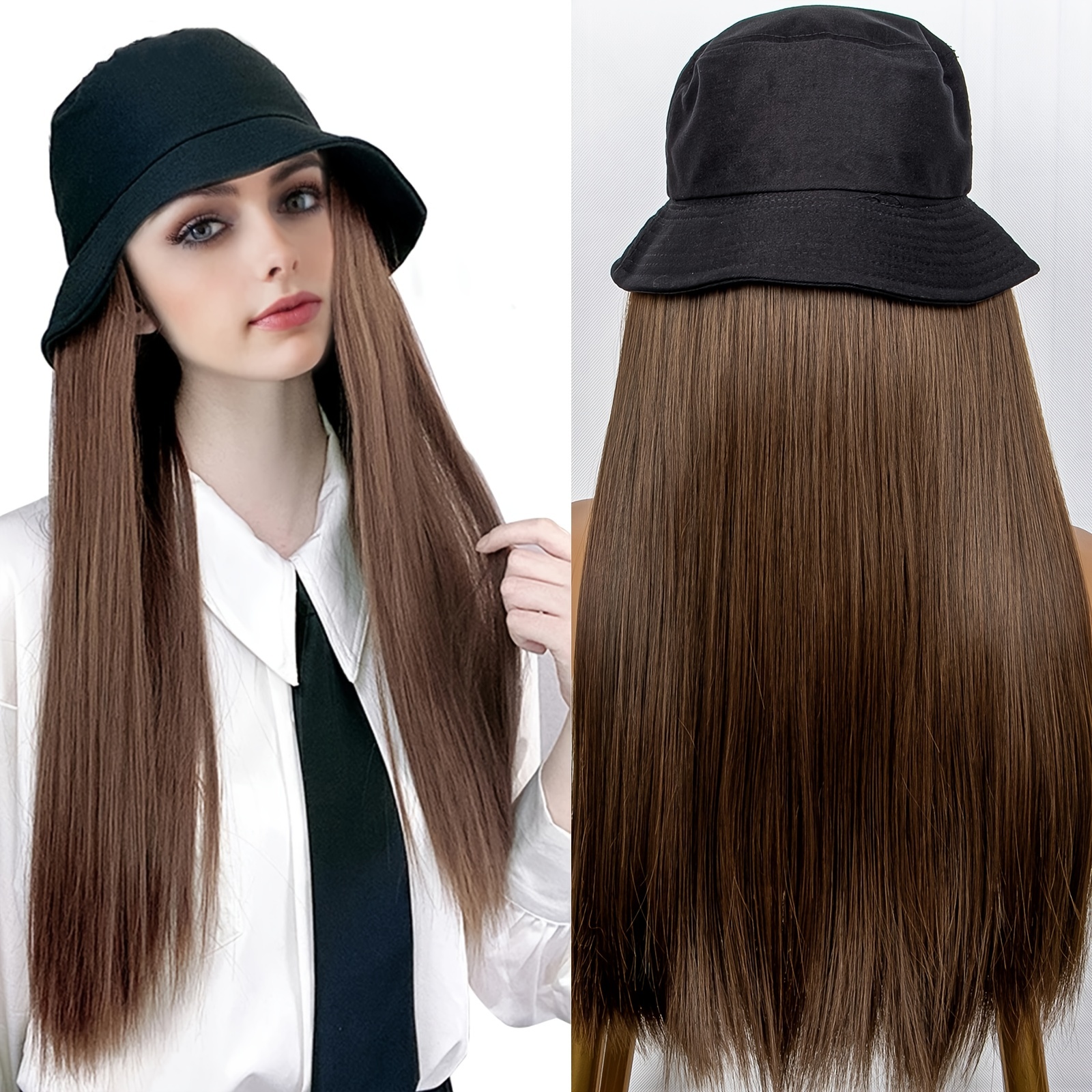 Women's Bucket Hats with Hair Extension, Hat with Long Straight Hair Wig, Hat and Glueless Wig for Daily,Temu