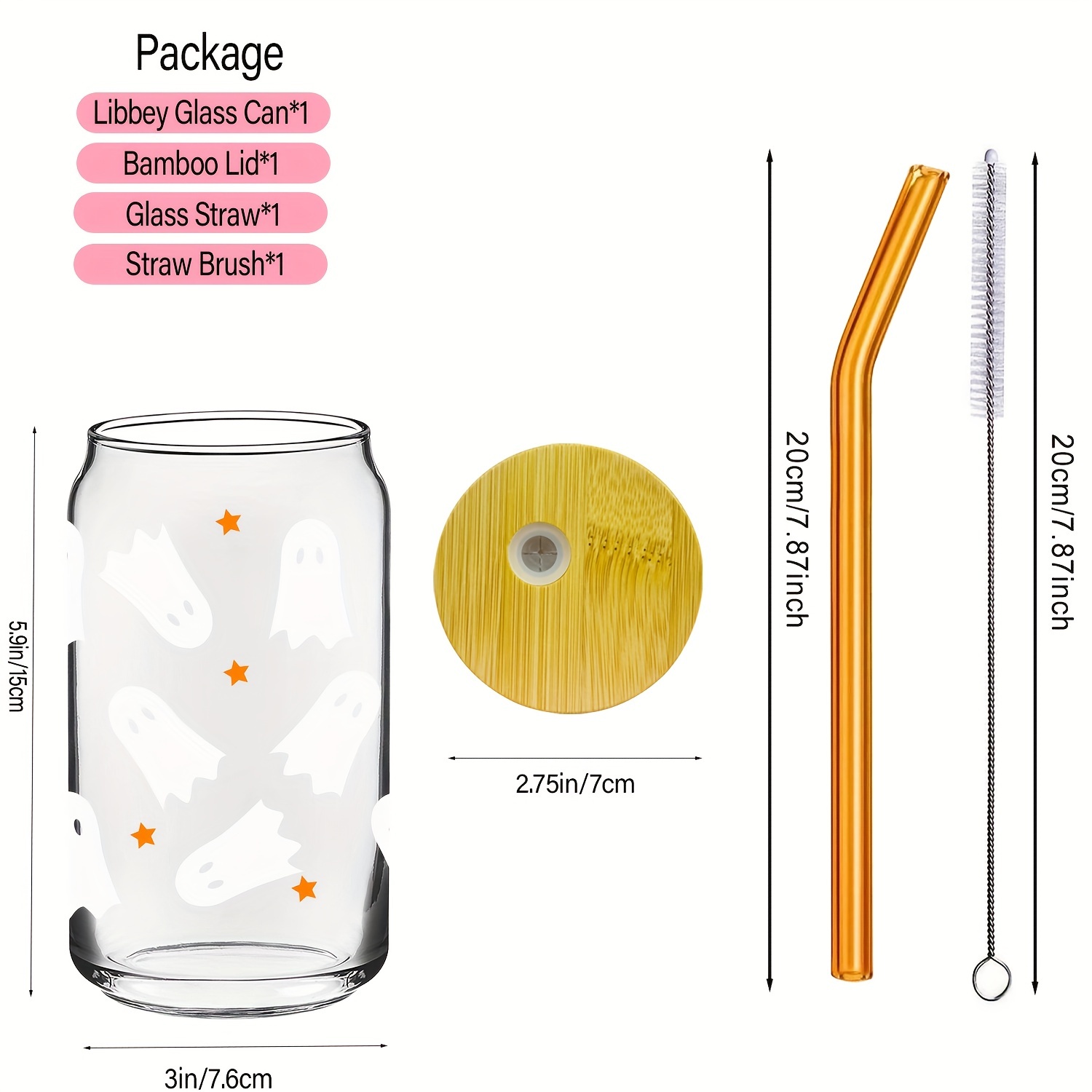 Ice Coffee Cup With Bamboo Lids And Glass Straw, Ghost Pumpkin Bat And  Skull Pattern Glass Cup Sublimation Boho Printed Beer Can Glasses,  Halloween Gifts Halloween Christmas Decorations - Temu