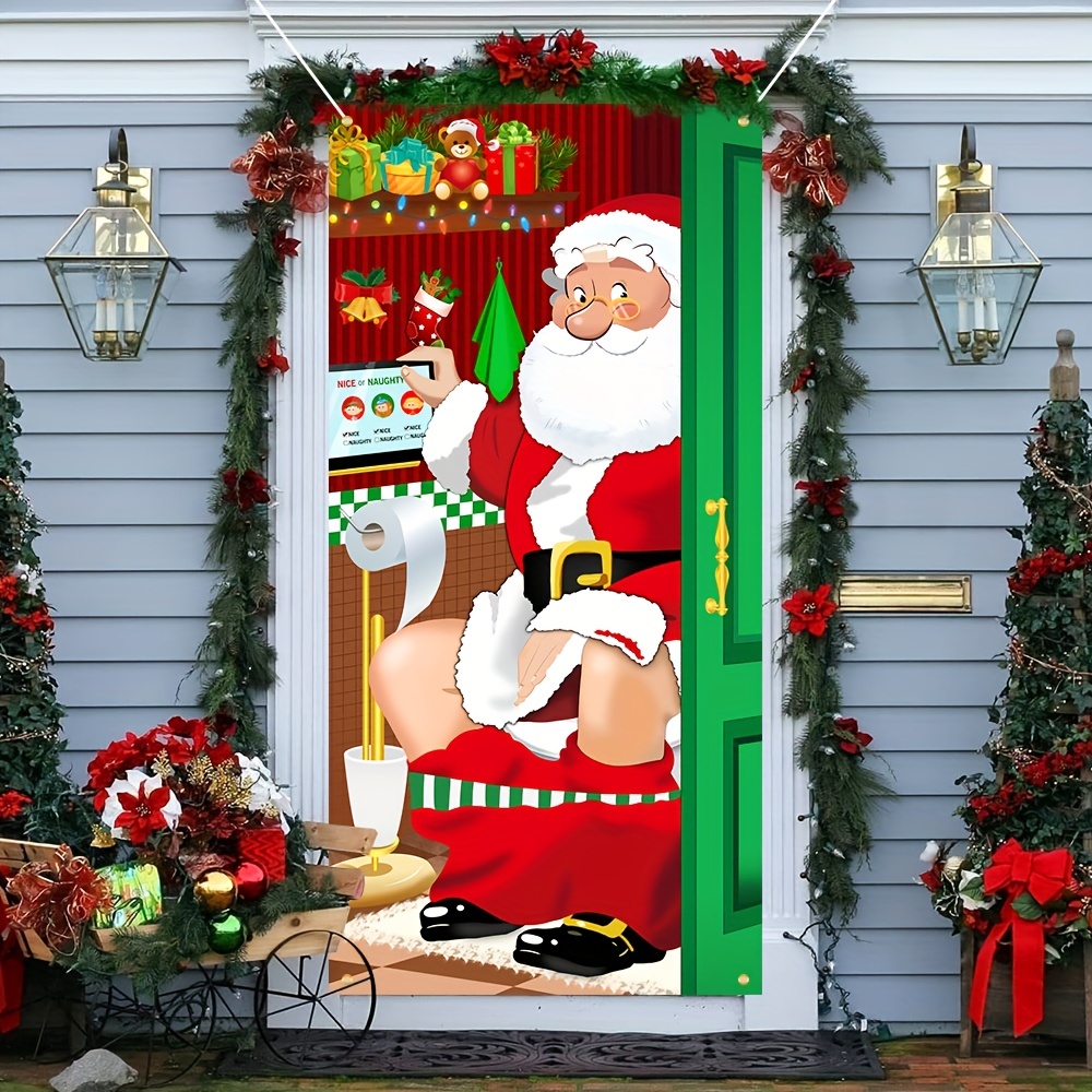1pc Funny Santa In The Bathroom Christmas Door Cover Decoration ...
