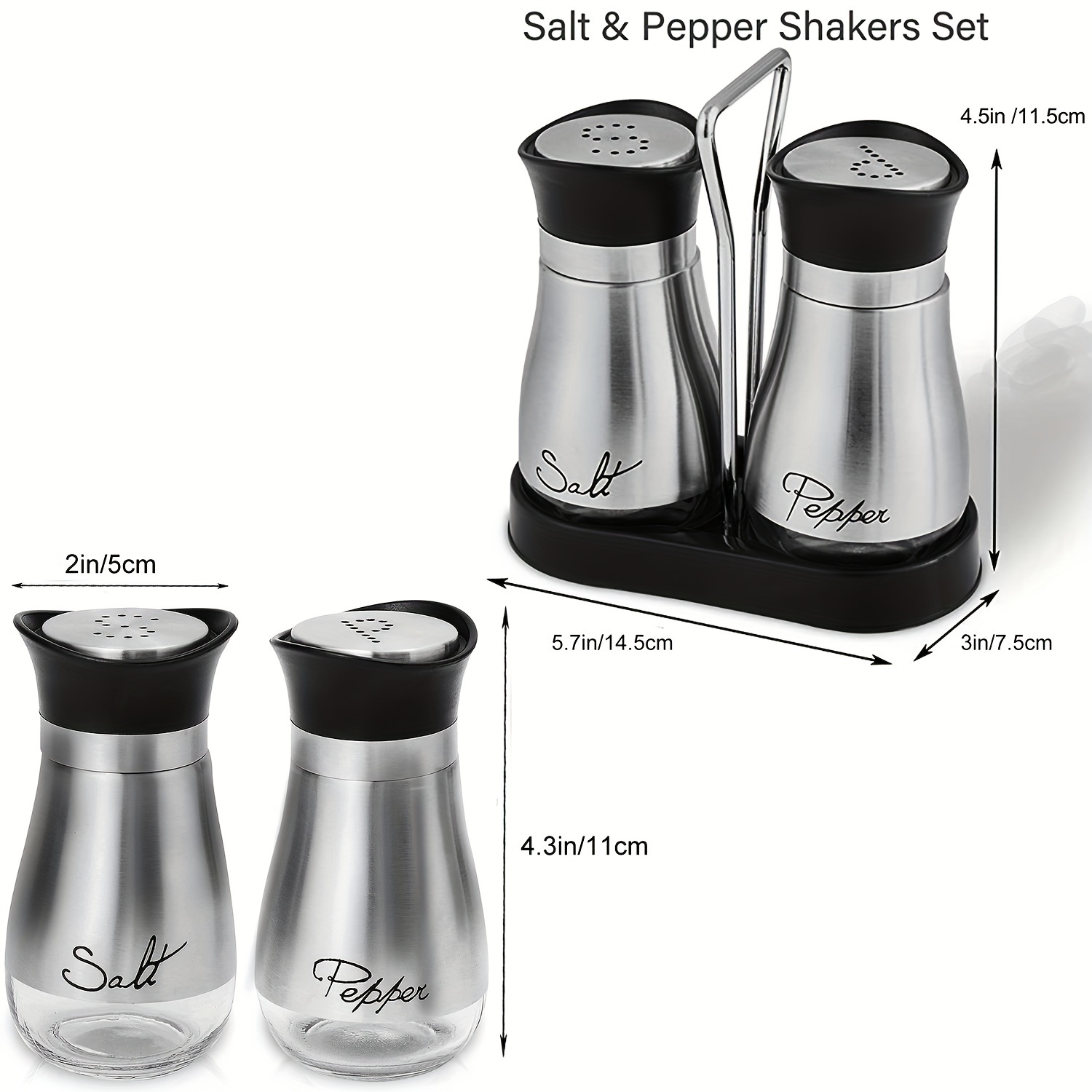 Salt and Pepper Shakers - Spice Dispenser with Adjustable Pour Holes - Stainless Steel & Glass - by Smart House Inc (2, Black)