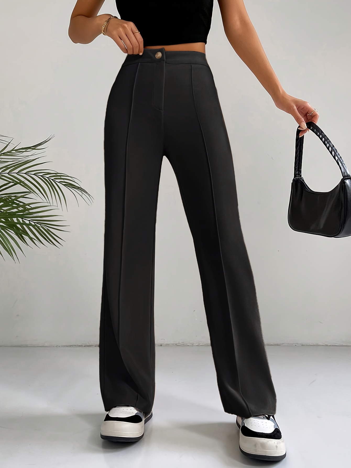 Solid High Waist Elastic Long Length Pants Slim Stylish - Temu United  Kingdom