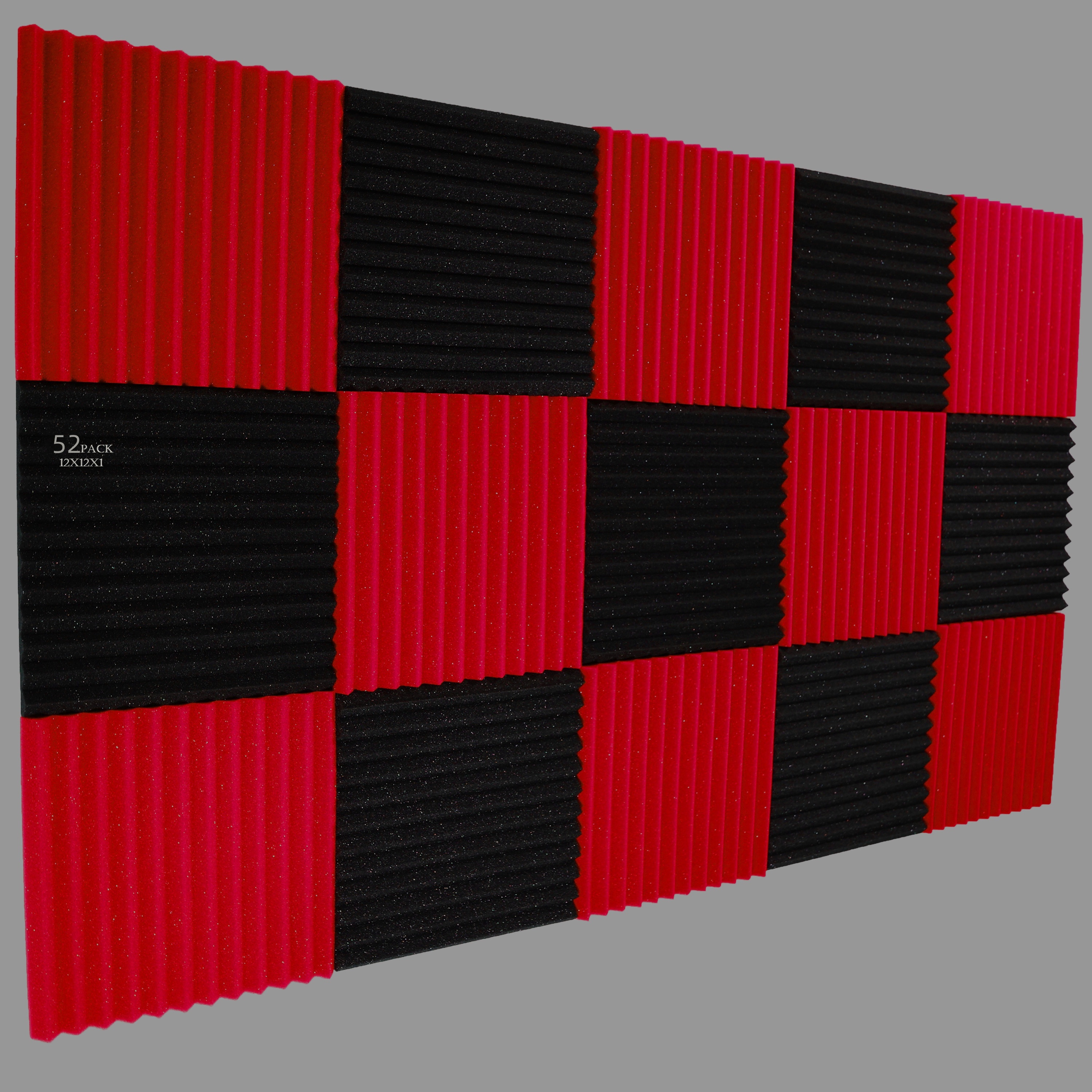 

52packs Black Red Wedge Accoustic Foam Panel 12''x12''x1'' Theater Vocal Booth Live Streaming Setup Absorbing Diffusing Sound Mid High Frequency Ranges Adhesive Double Side