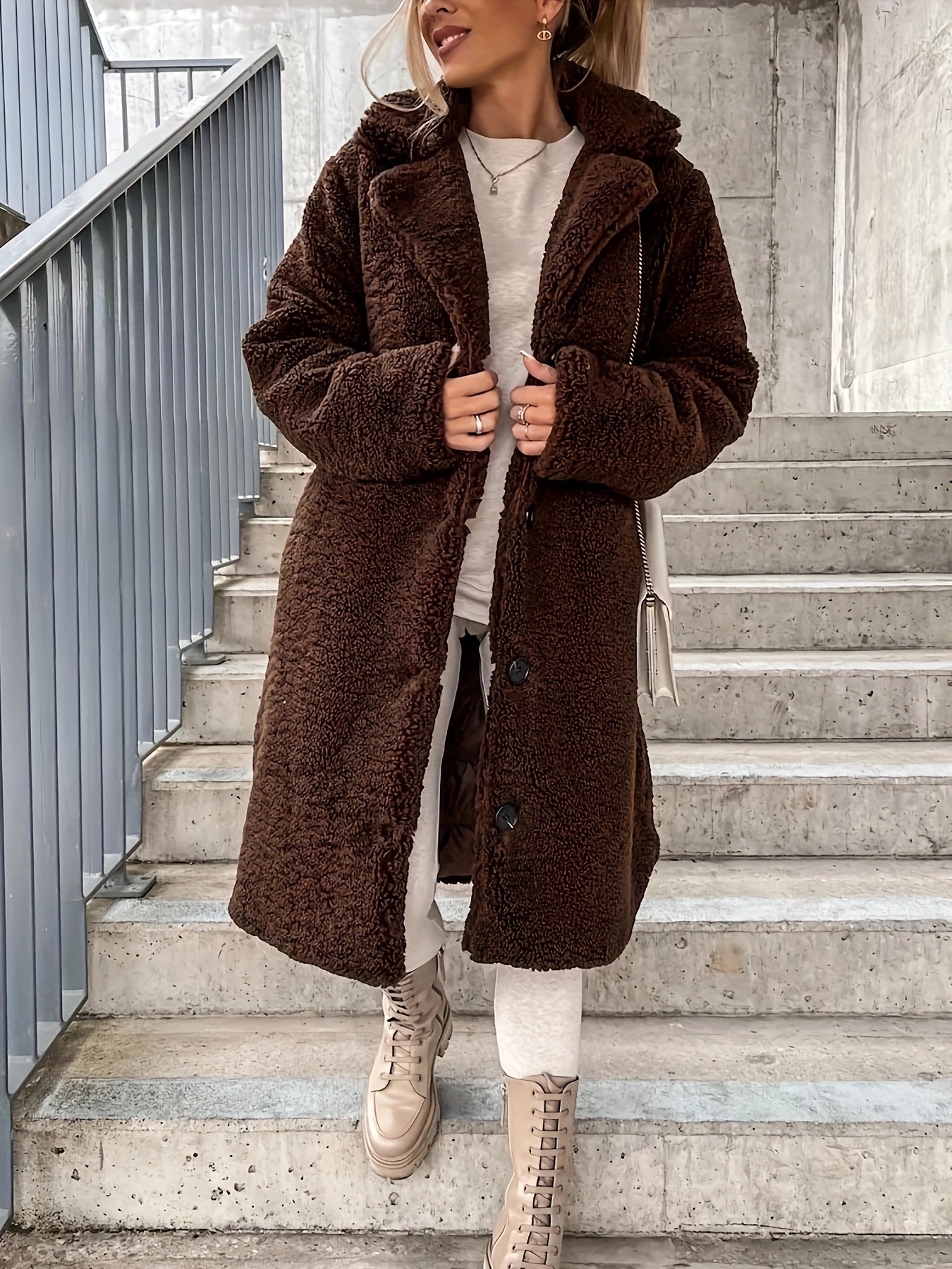 Повседневное пальто больших размеров, женское длинное однотонное флисовое пальто с длинным рукавом на пуговицах и воротником с лацканами