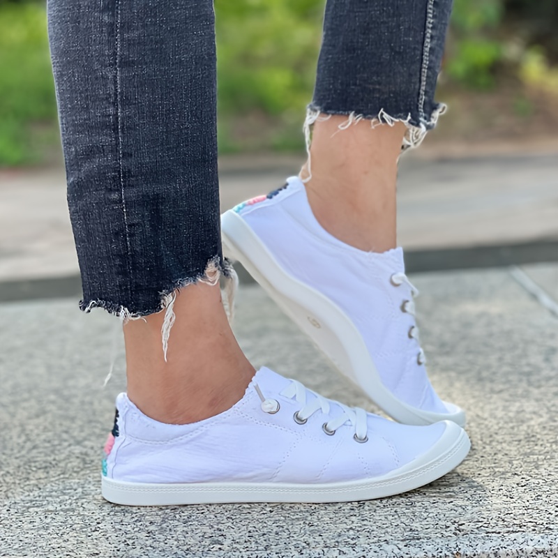 Womens White Canvas Sneakers Low Top Lace-up Canvas
