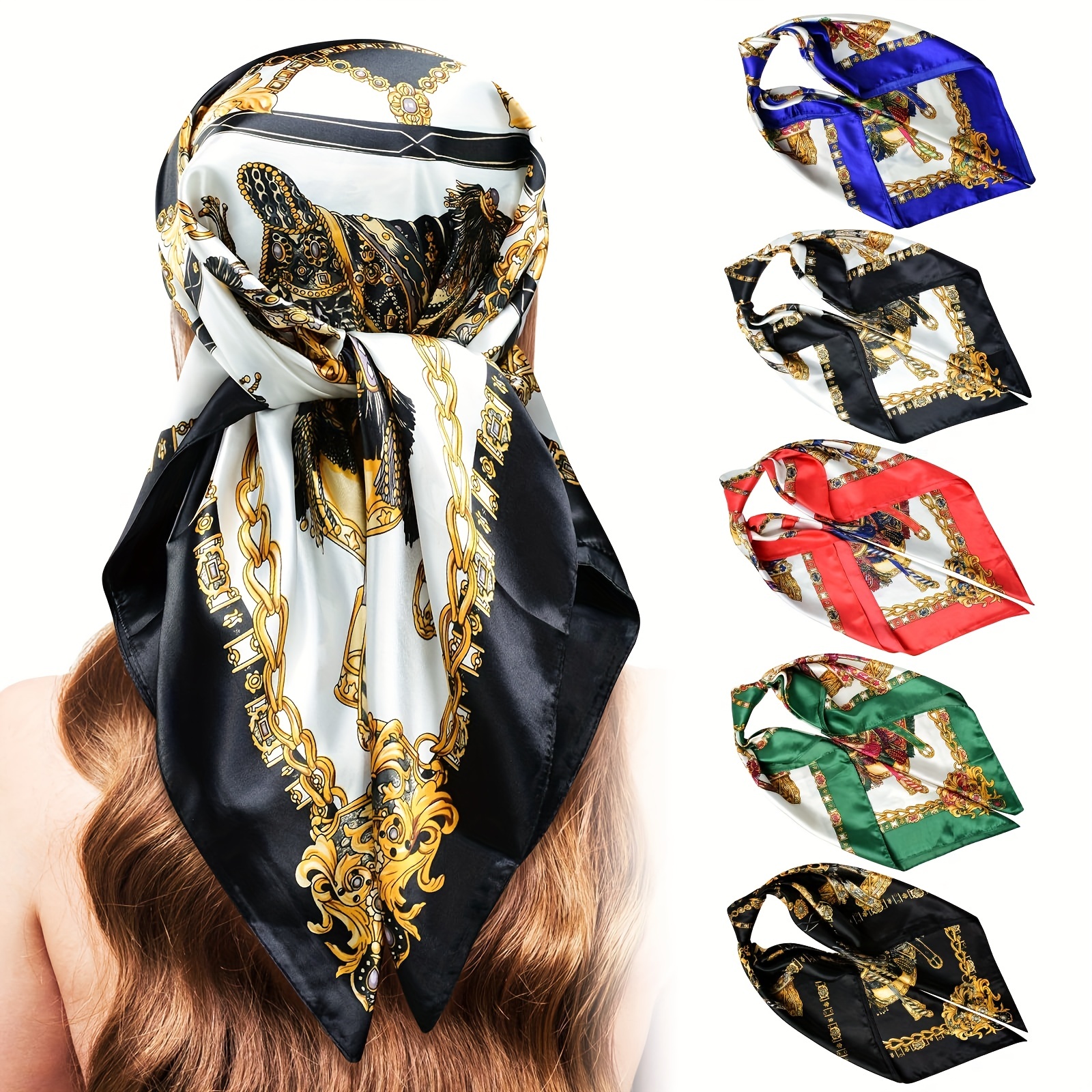 

35" Chain Printed Square Scarf Imitation Silk Satin Headscarf Mature Sunscreen Bandana Inelastic Windproof Warm Large Shawl