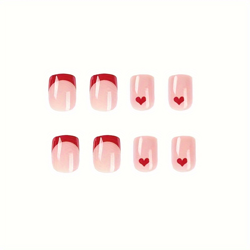 24pcs glossy valentines day press on nails short square press on nails red french fake nails with red love design glossy full cover false nails acrylic stick on nails for women girls without acetone details 4