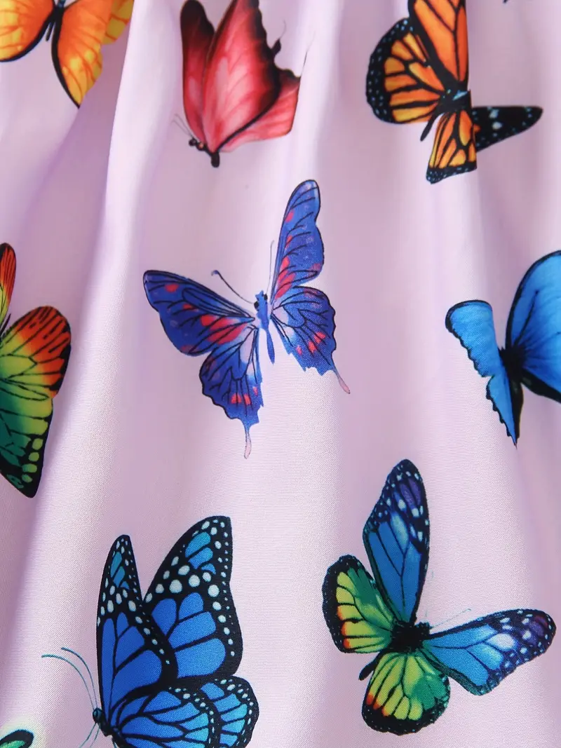 toddler girls puff sleeve frill trim shirred colorful butterfly graphic princess dress for party beach vacation cute romantic kids summer clothes details 2