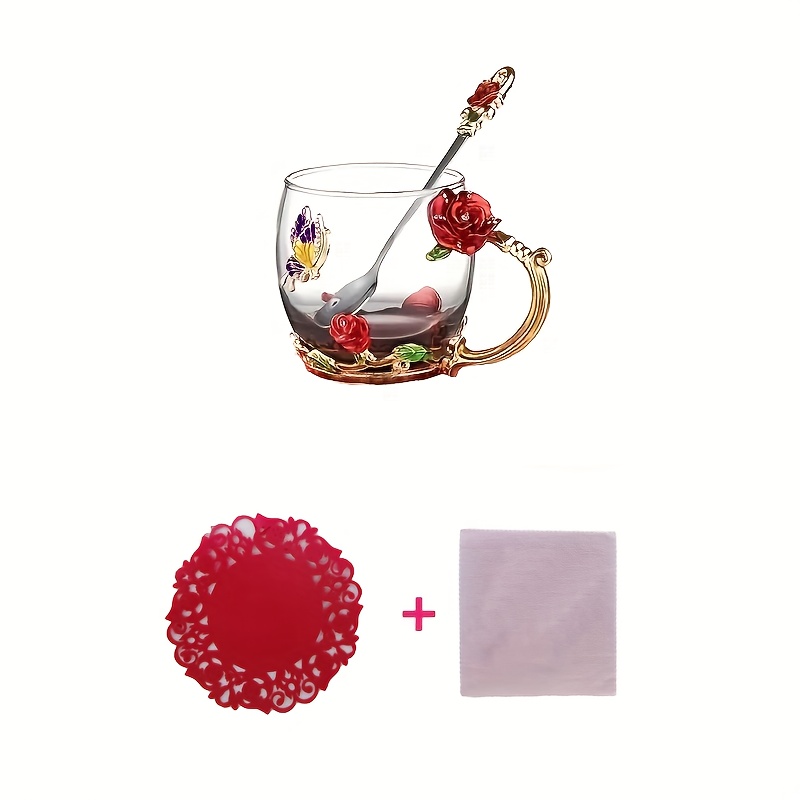 Affogato Glass Flower Tea Cup,Coffee Mugs with Lid, Coaster, Spoon for  Party 18oz 350ml Red 