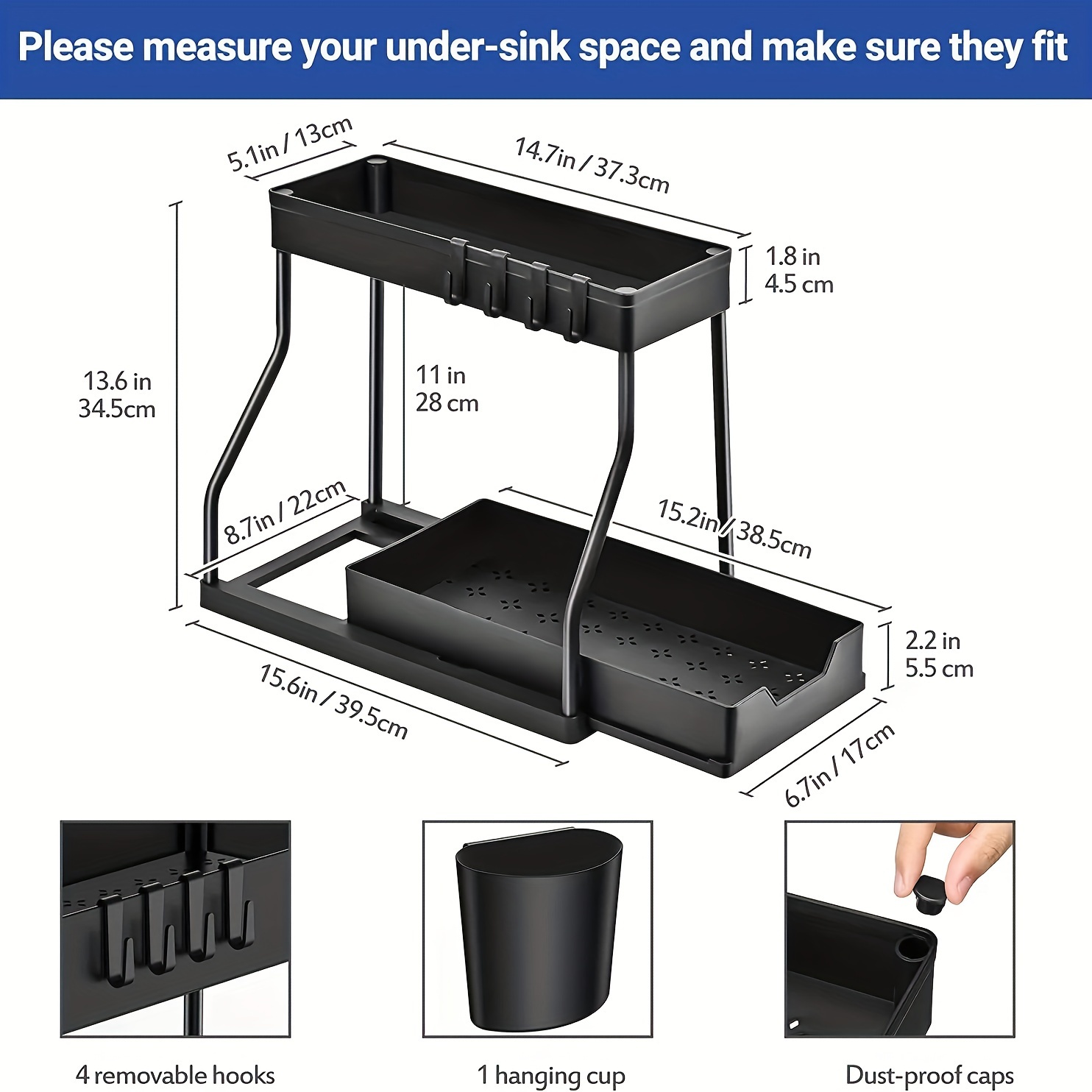 Pull Out Organizer, 2 Tier Under Kitchen Sink Organizers And Storage  Cabinet Slide Out Shelves, Pull Out Drawers For Kitchen Cabinets, X  16.5dx13h Inches, Black, Kitchen Supplies - Temu