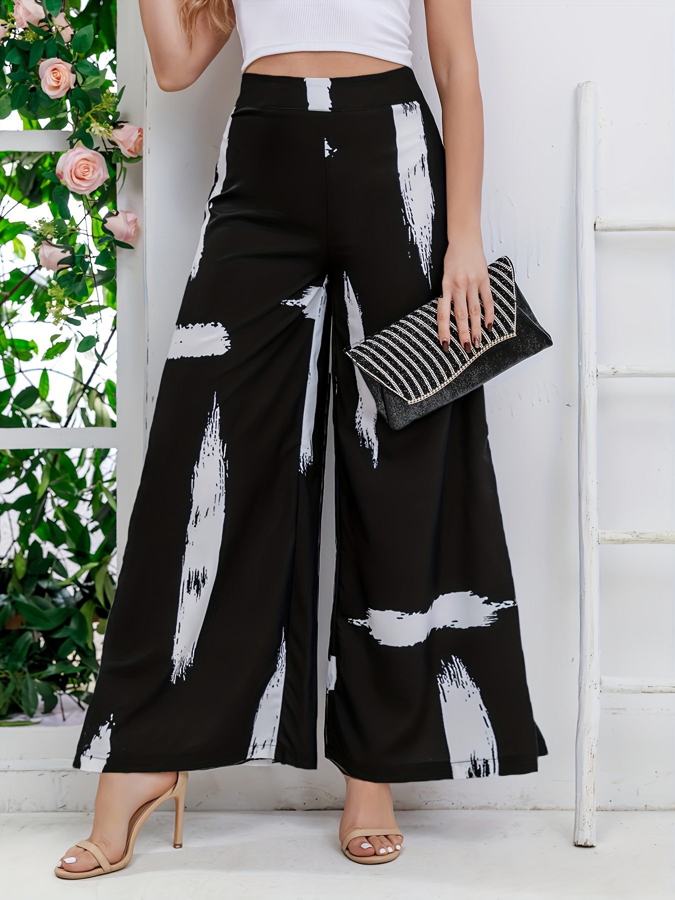 Women's Black With White Striped Casual Wide Leg Pants High