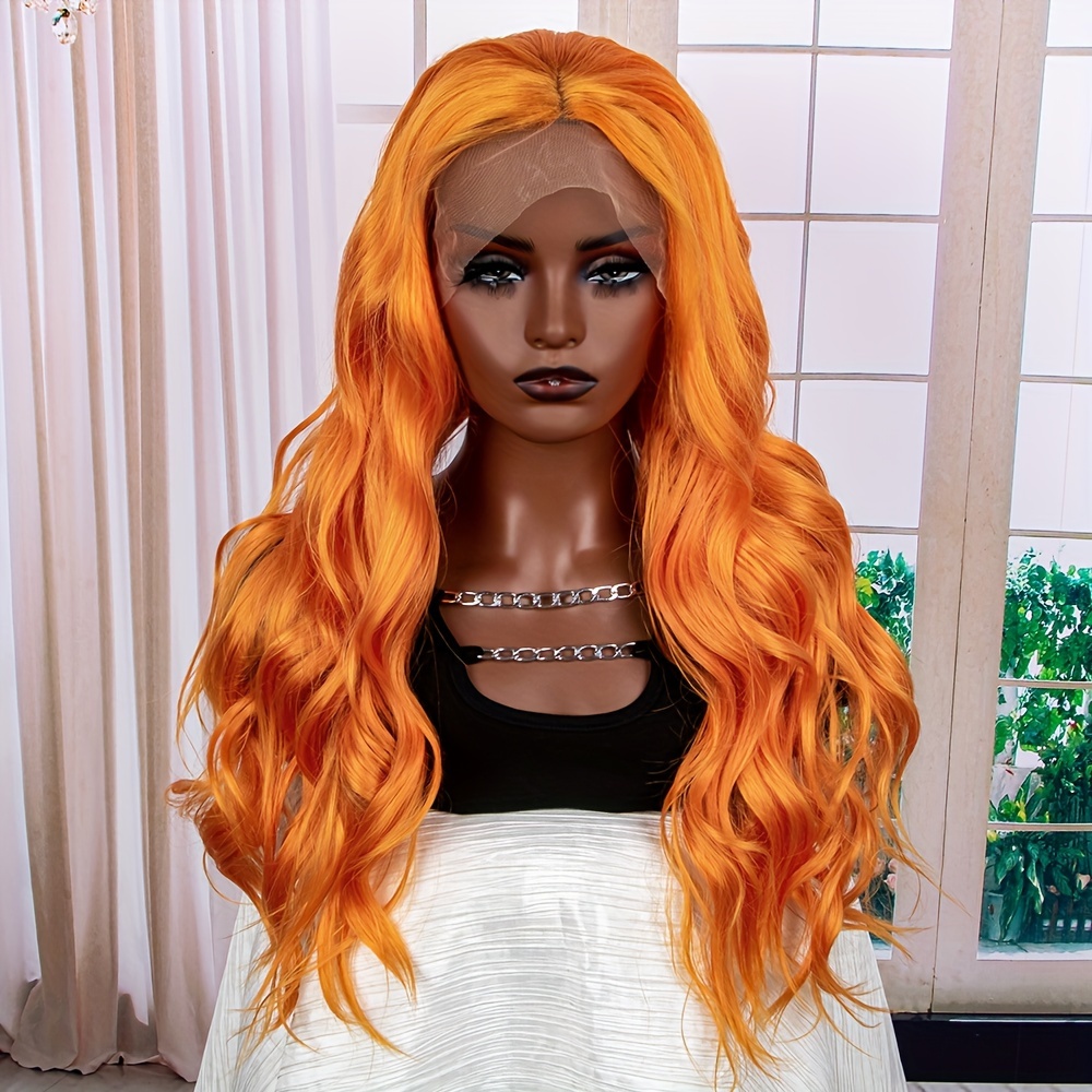 Orange Long Wavy Wig Synthetic Lace Wig Beginners Friendly Heat Resistant Wig For Women