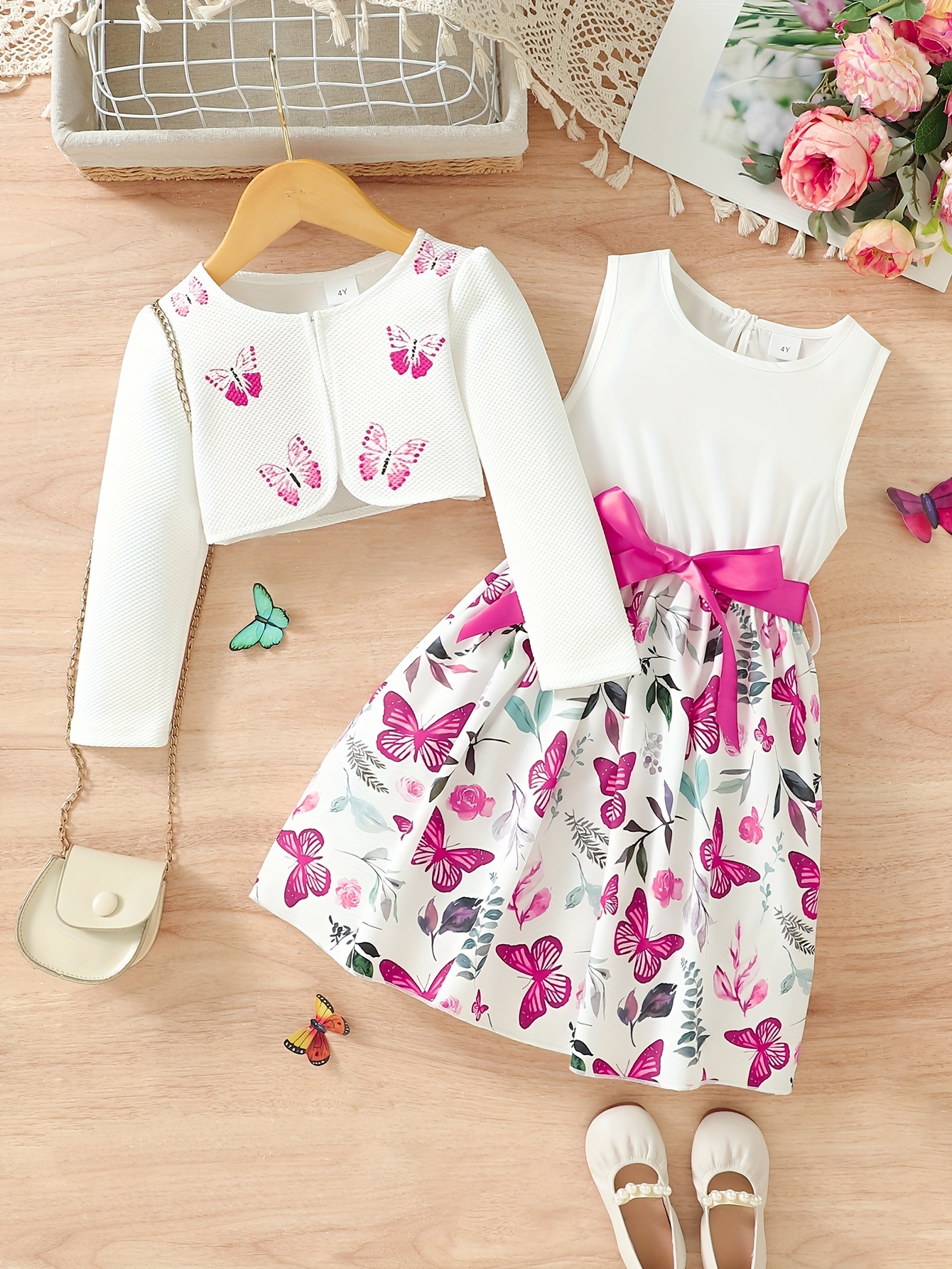2pcs Little Girl Butterfly Dresses Outfit Floral Tank Dress And Graphic  Cardigan Top Set, For Cute And Casual Look, Kids Clothing Gift