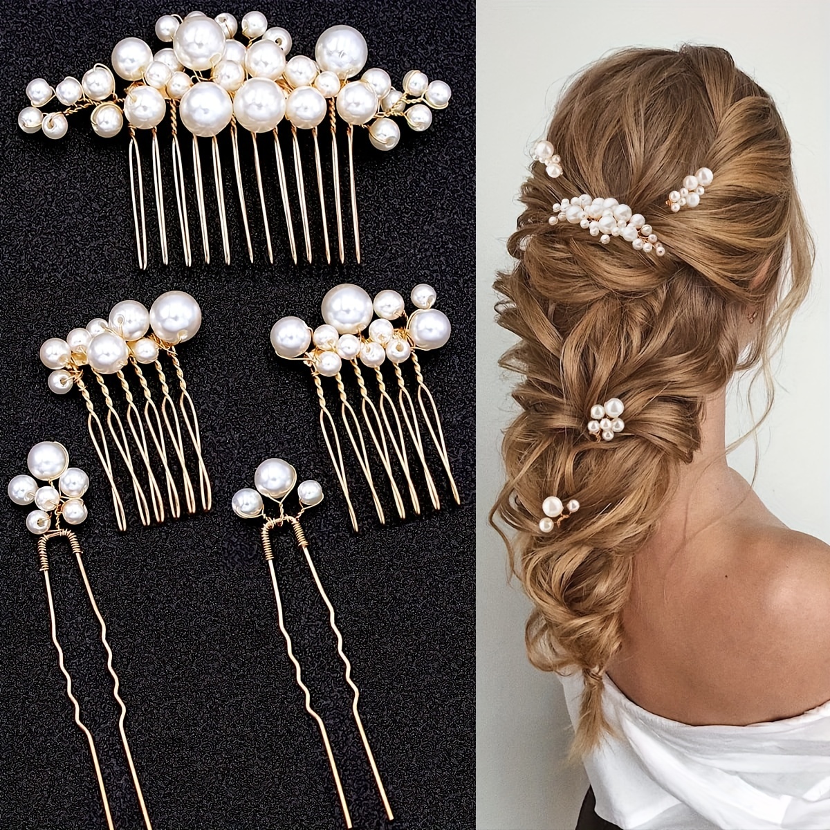 5pcs Bridal Pearls Hair Pins Hair Accessories for Brides with Hair Comb Hair Clips Hair Pieces for Women Wedding Engagement Anniversary,Temu