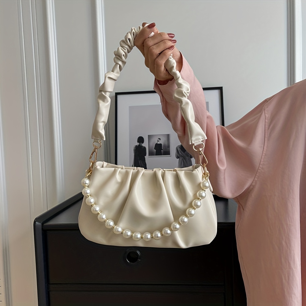 

Ruched White Pearl Chain Decor Underarm Bag, Zipper Soft Pu Leather Handbag, Solid Color Versatile Shoulder Bag