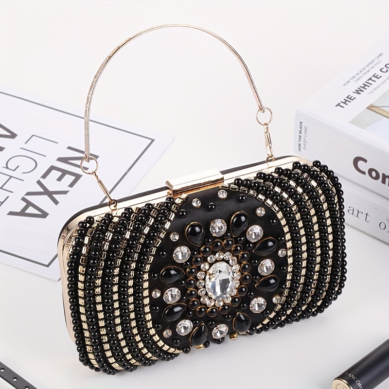 black Beaded Clutch Purse Pearl Party Bags