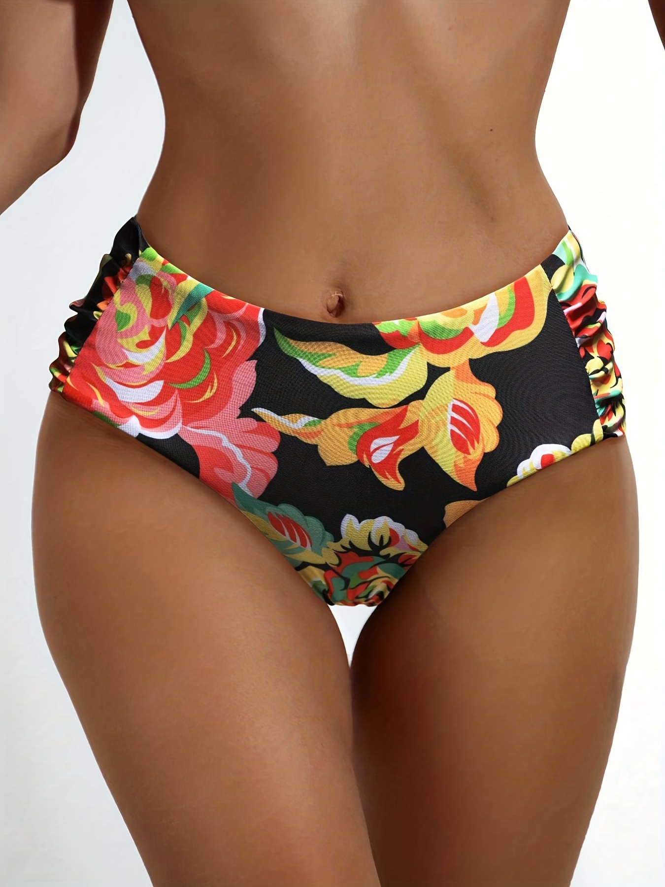 High Waist Solid Black Swimsuit Bottoms Stretchy Tummy - Temu