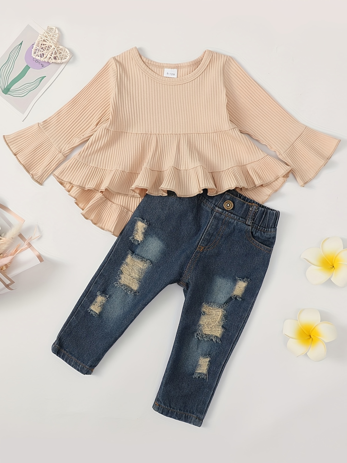 2-piece Kid Girl Floral Print Long Bell sleeves Peplum Top and Patchwork Denim Jeans Set