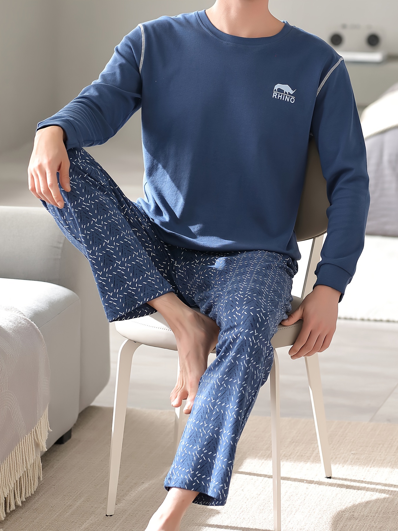 Men's Cotton Long Sleeve Pajamas Set Spring Autumn Winter, Loungewear Set, Men's Loose Fit Clothes, Crew Neck Shirts & Pants