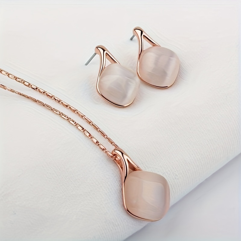 

1 Pair Of Earrings + 1 Necklace Elegant Jewelry Set Inlaid Pink Gemstone Match Daily Outfits Party Accessories Perfect Gift For Female