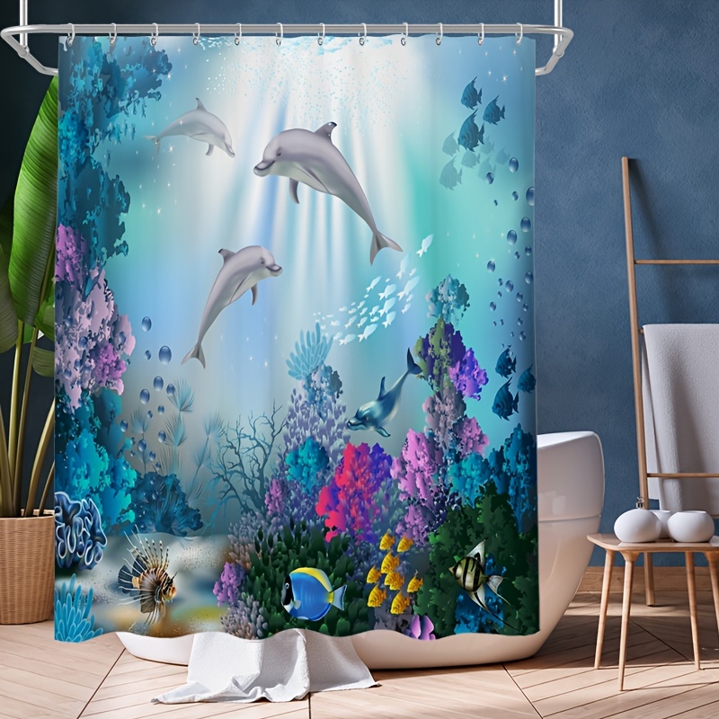 Cheap Dolphin Shower Curtain, Blue Underwater World Marine Life , Polyester  Fabric Kids Ocean Theme Bathroom Decor Set with Hooks