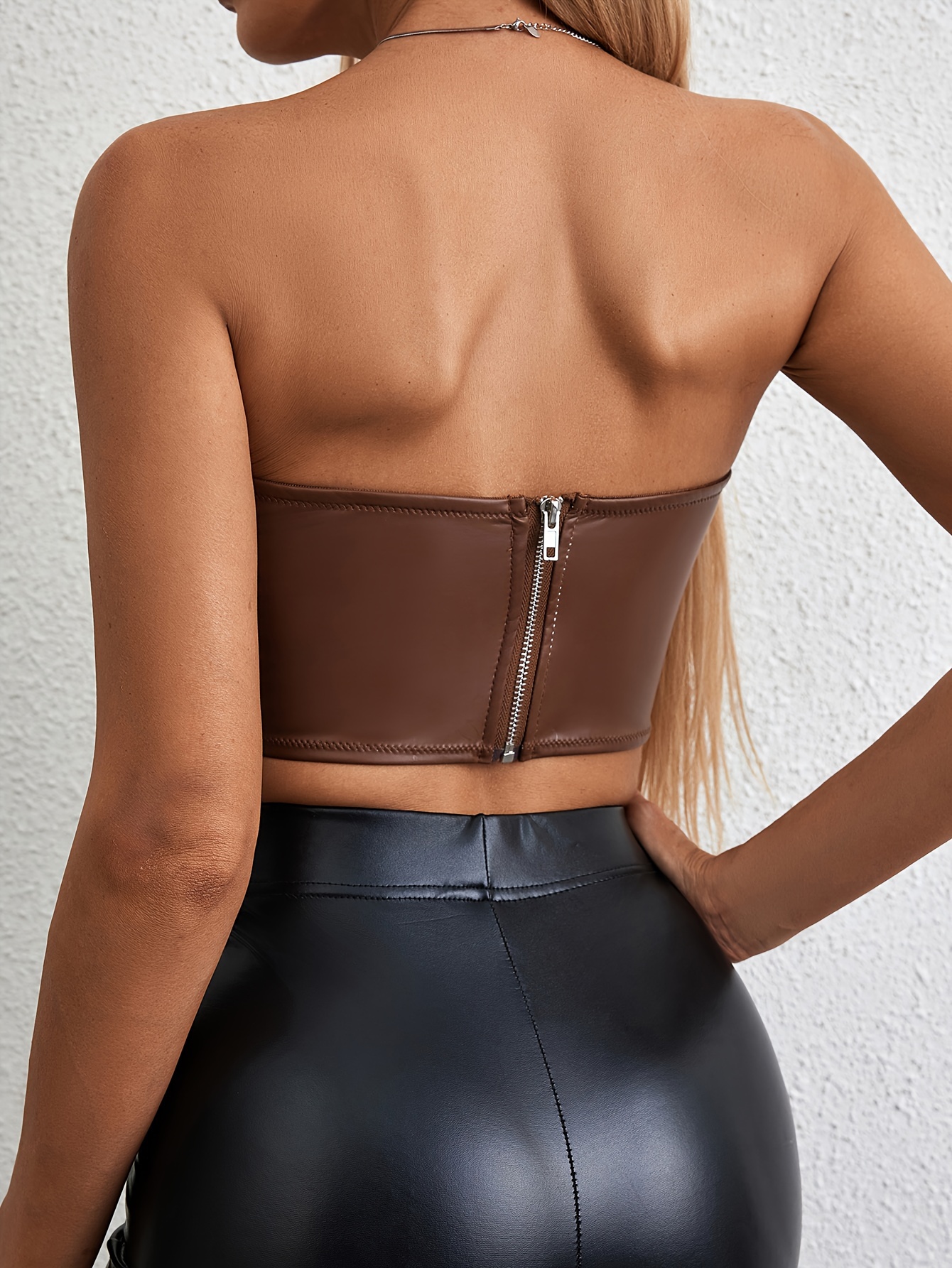  Women's Black Pu Corset Top Cropped Leather Bustier Crop Top  (US,8-10) : Clothing, Shoes & Jewelry