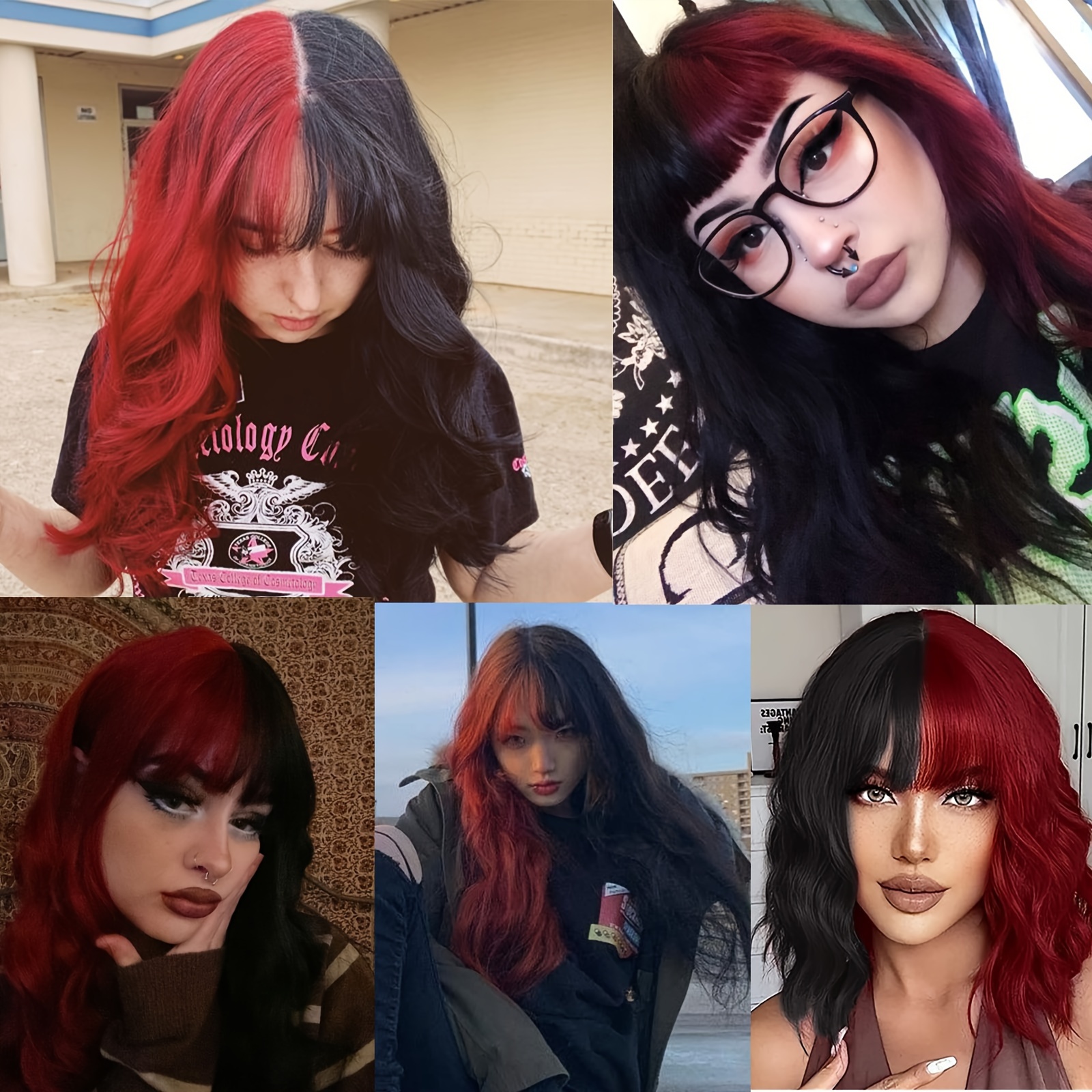 Sleek Stylish Red Black Wavy Hair Wig Bangs Perfect Occasion - Temu Canada